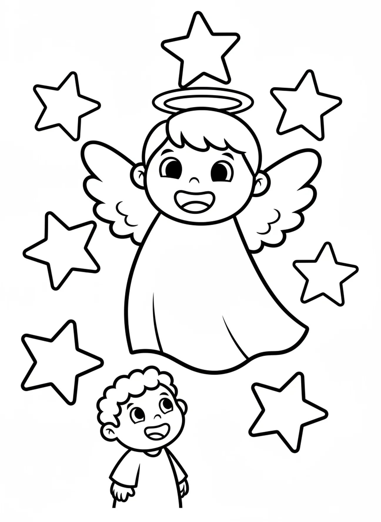 Anjo sorridente cercado por estrelas, página de colorir da Oração do Anjo da Guarda para crianças de 3 a 5 anos