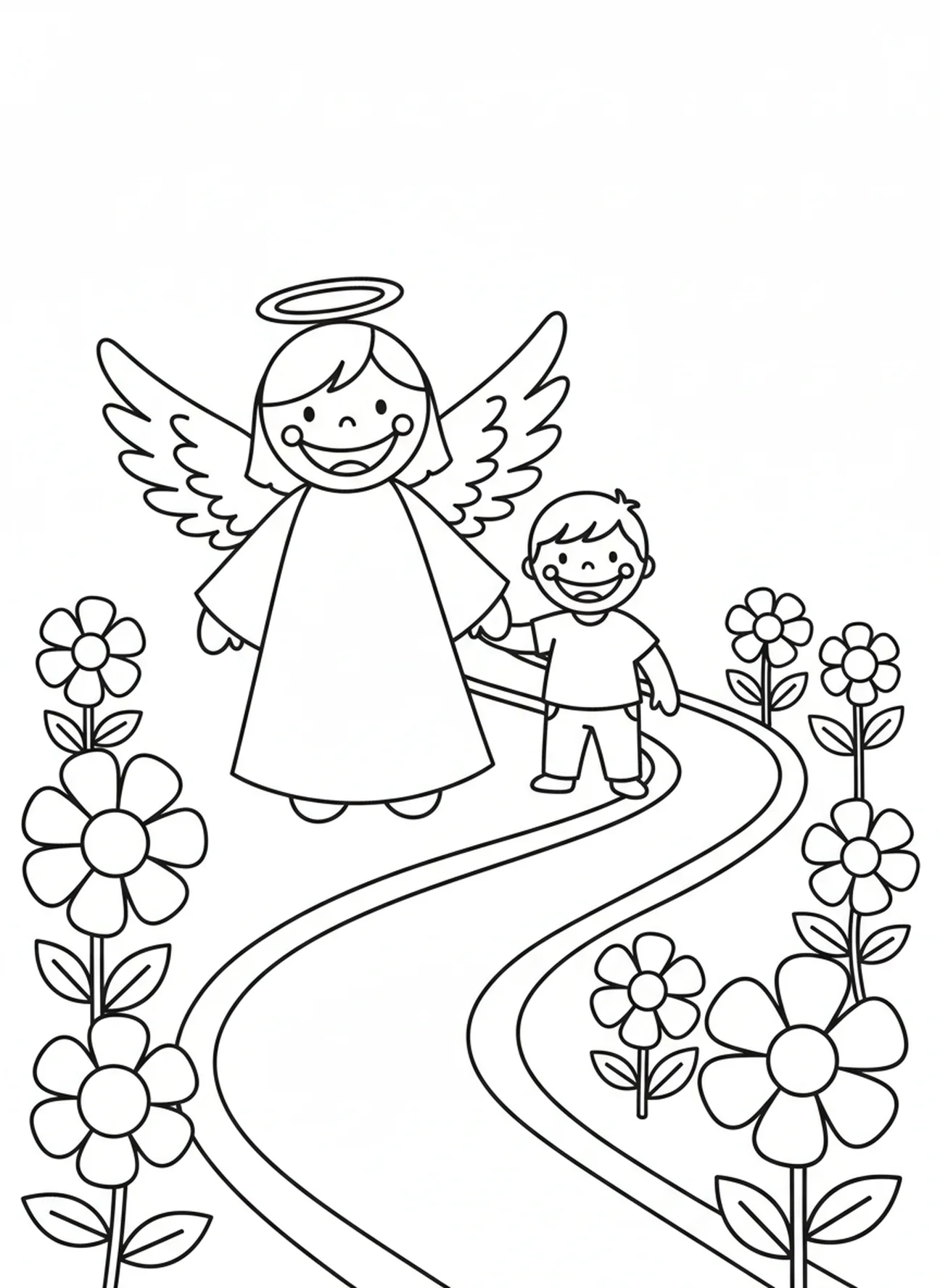 Anjo sorridente guiando uma criança, página de colorir da Oração do Anjo da Guarda para pré-escolares de 3 a 5 anos
