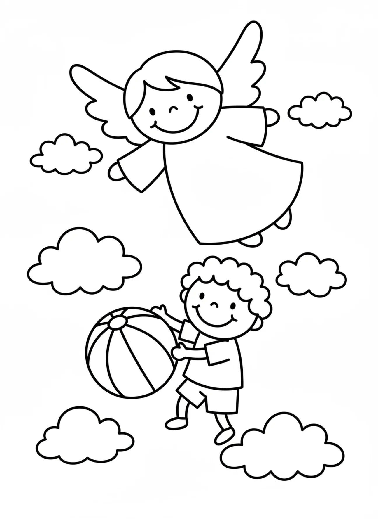 Grande anjo amigável cuidando de uma criança feliz, página para colorir da Oração do Anjo da Guarda para crianças de 3 a 5 anos