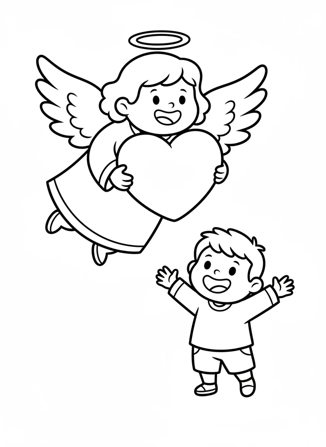 Anjo alegre segurando um coração, página para colorir da Oração do Anjo da Guarda para crianças de 3 a 5 anos