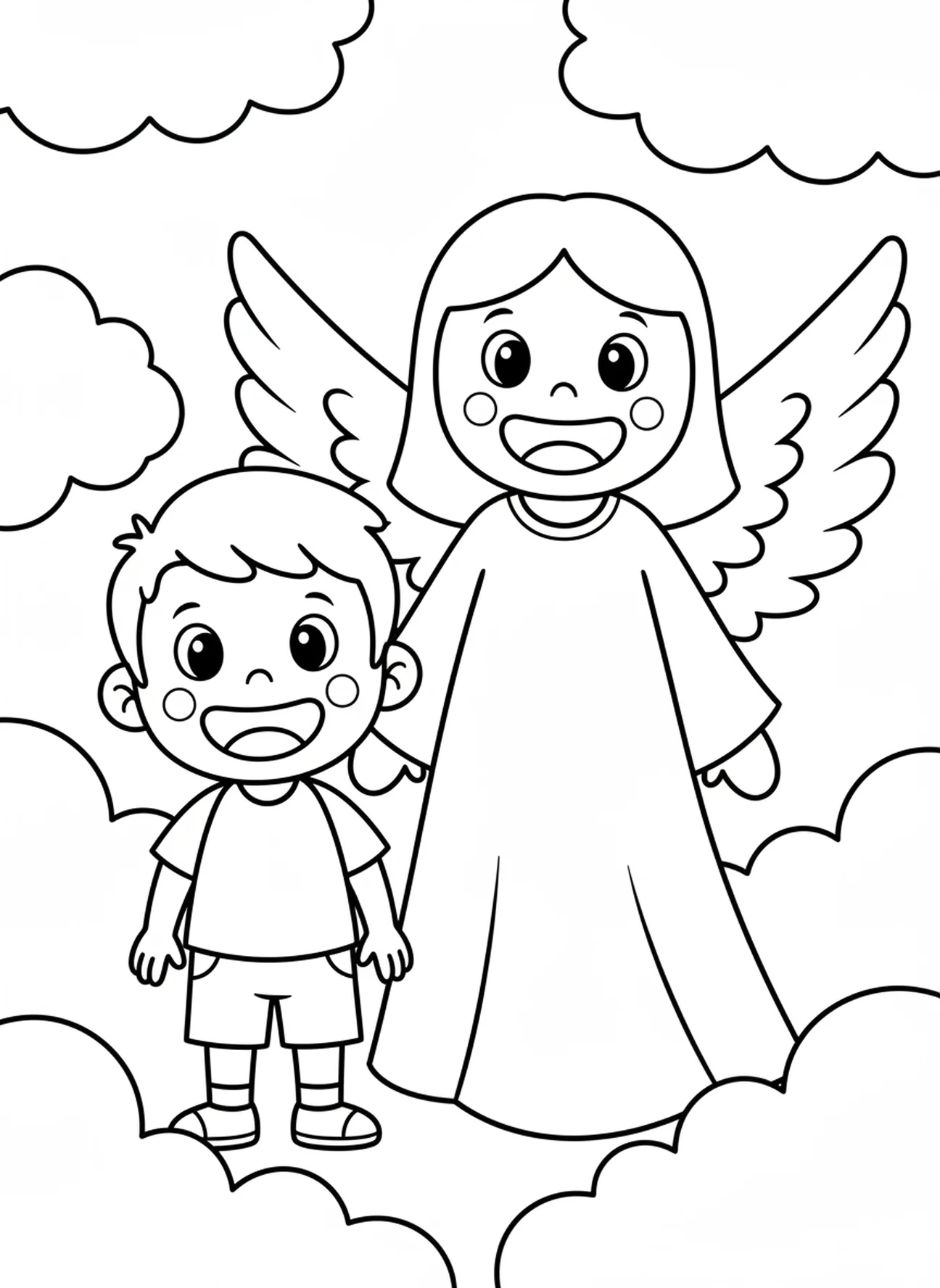 Criança alegre com grande anjo amigável, página de colorir da Oração do Anjo da Guarda para pré-escolares de 3 a 5 anos