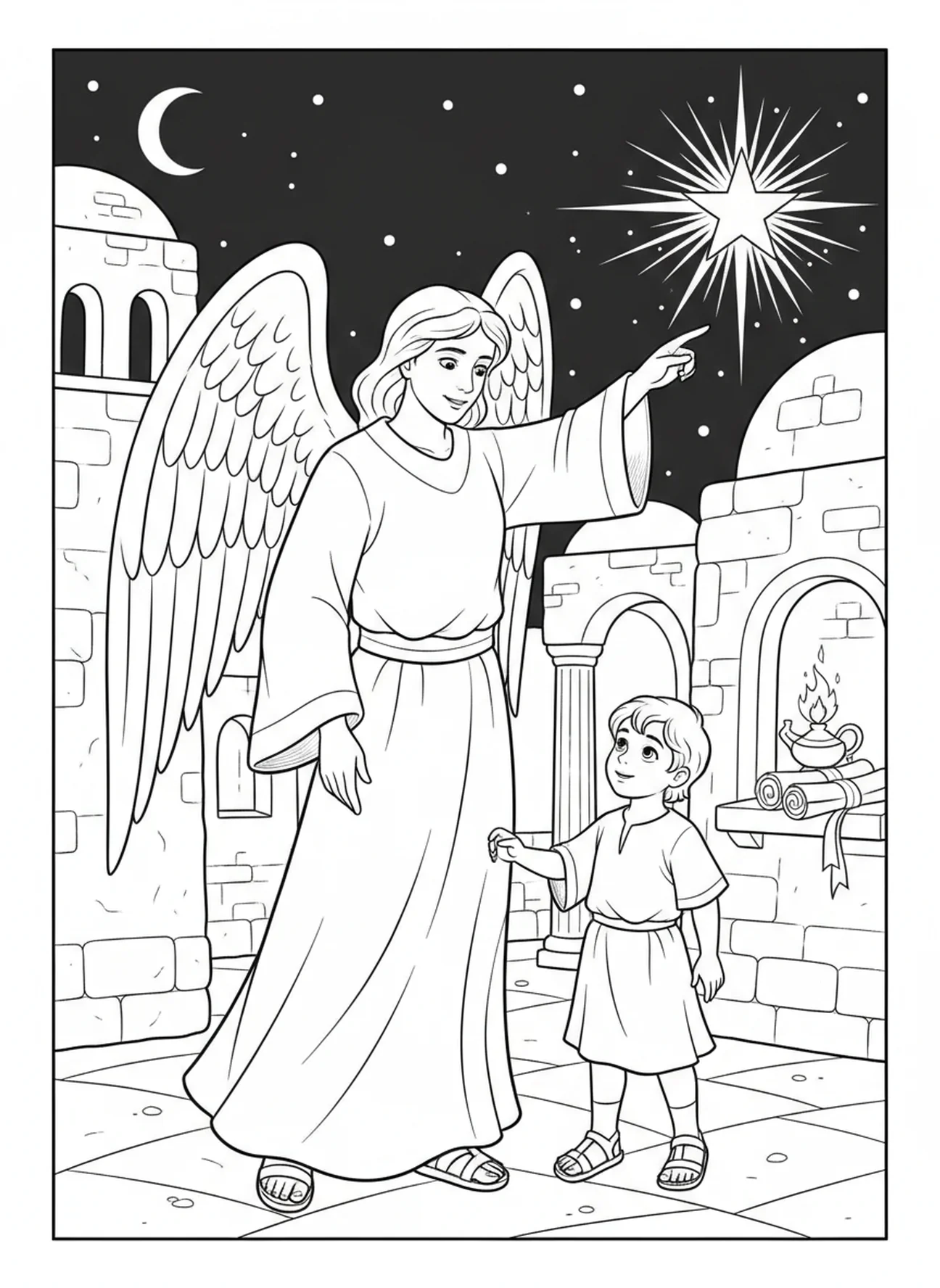 Anjo da guarda guiando criança, página para colorir da Oração do Anjo da Guarda para crianças da Escola Dominical de 5 a 12 anos.