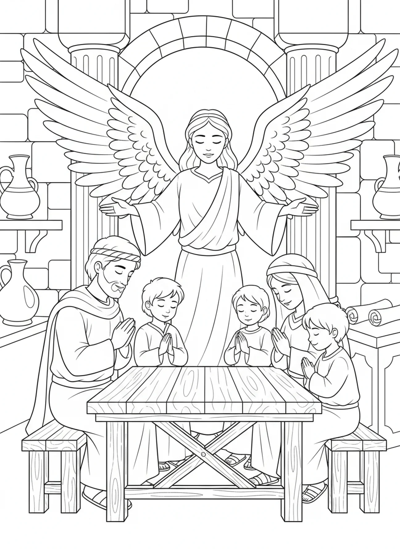 Família orando junta com anjo da guarda, página para colorir da Oração do Anjo da Guarda para crianças da Escola Dominical de 5 a 12 anos.