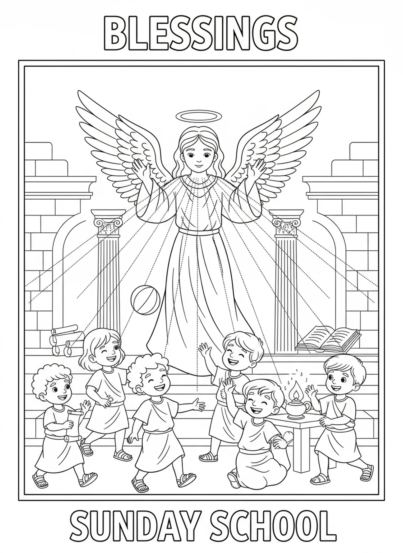 Anjo da guarda enviando bênçãos para crianças, página de colorir da Oração do Anjo da Guarda para crianças da Escola Dominical de 5 a 12 anos.