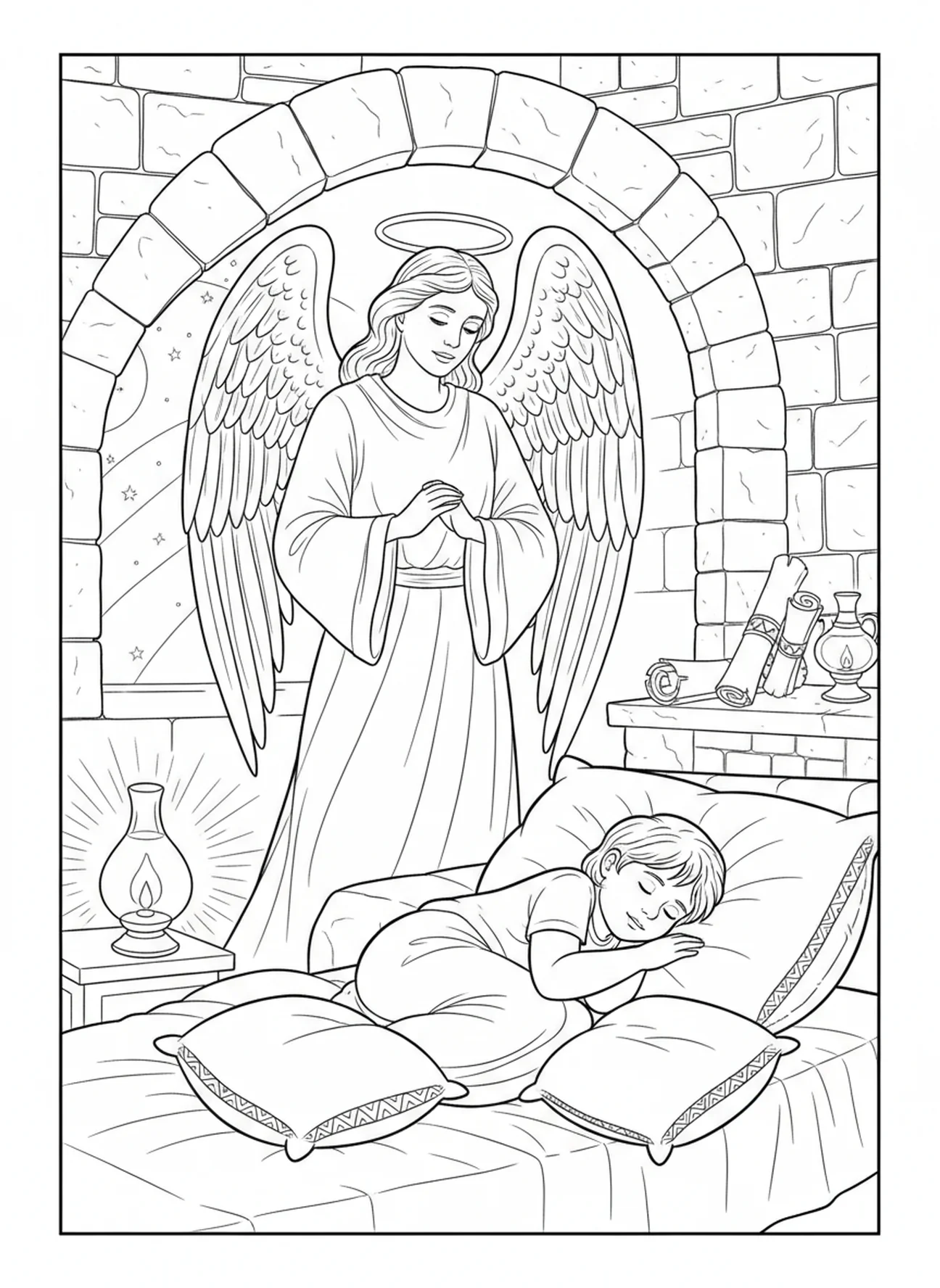 Anjo da guarda vigiando criança adormecida, página de colorir da Oração do Anjo da Guarda para crianças da Escola Dominical de 5 a 12 anos.