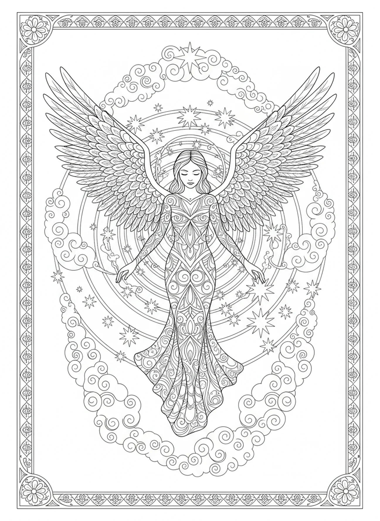 Ángel descendiendo, página para colorear de la oración del Ave María estilo journaling bíblico para adultos