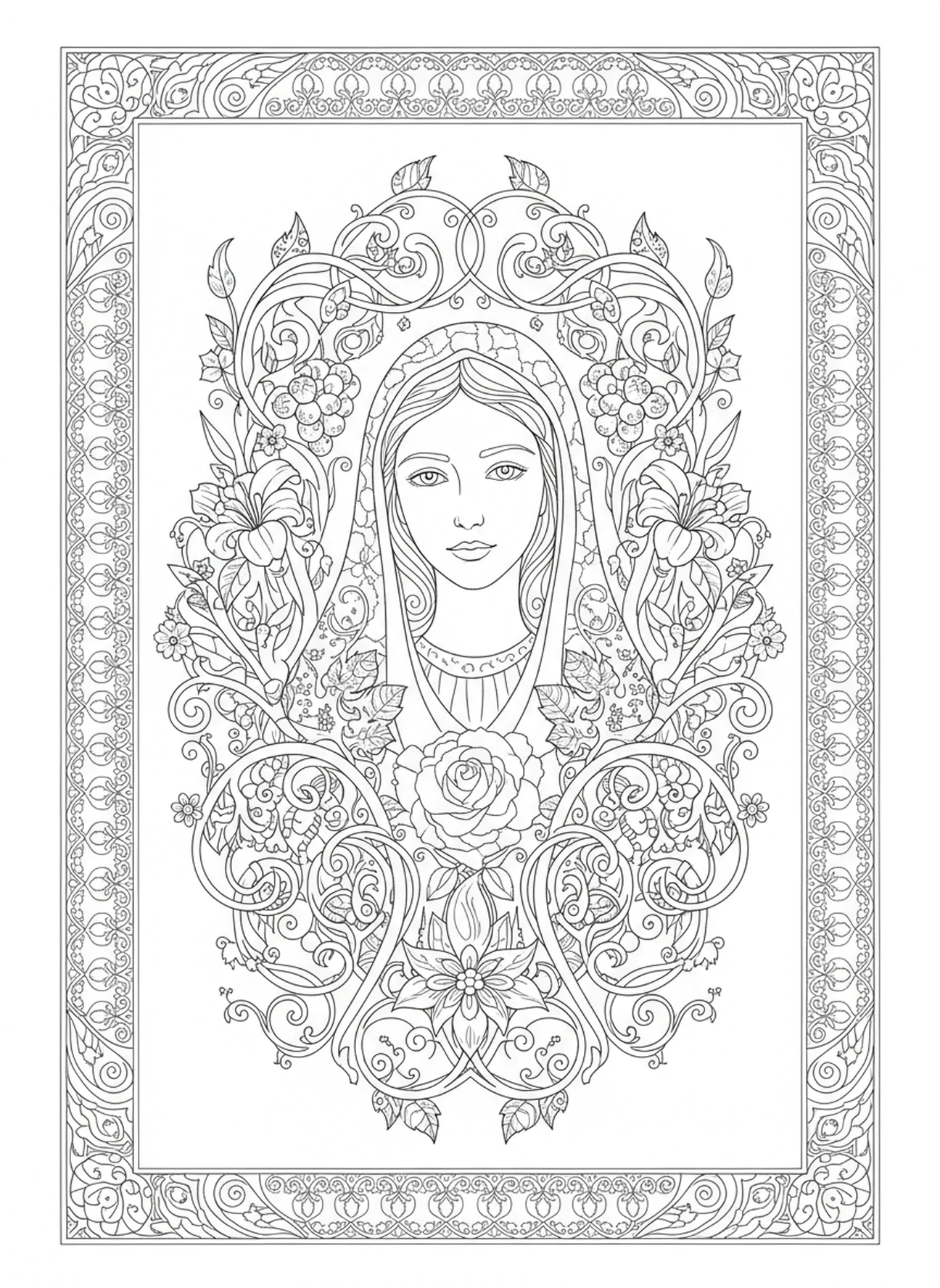 Representación de la Madre Bendita, página para colorear de la oración del Ave María en estilo de diario bíblico para adultos
