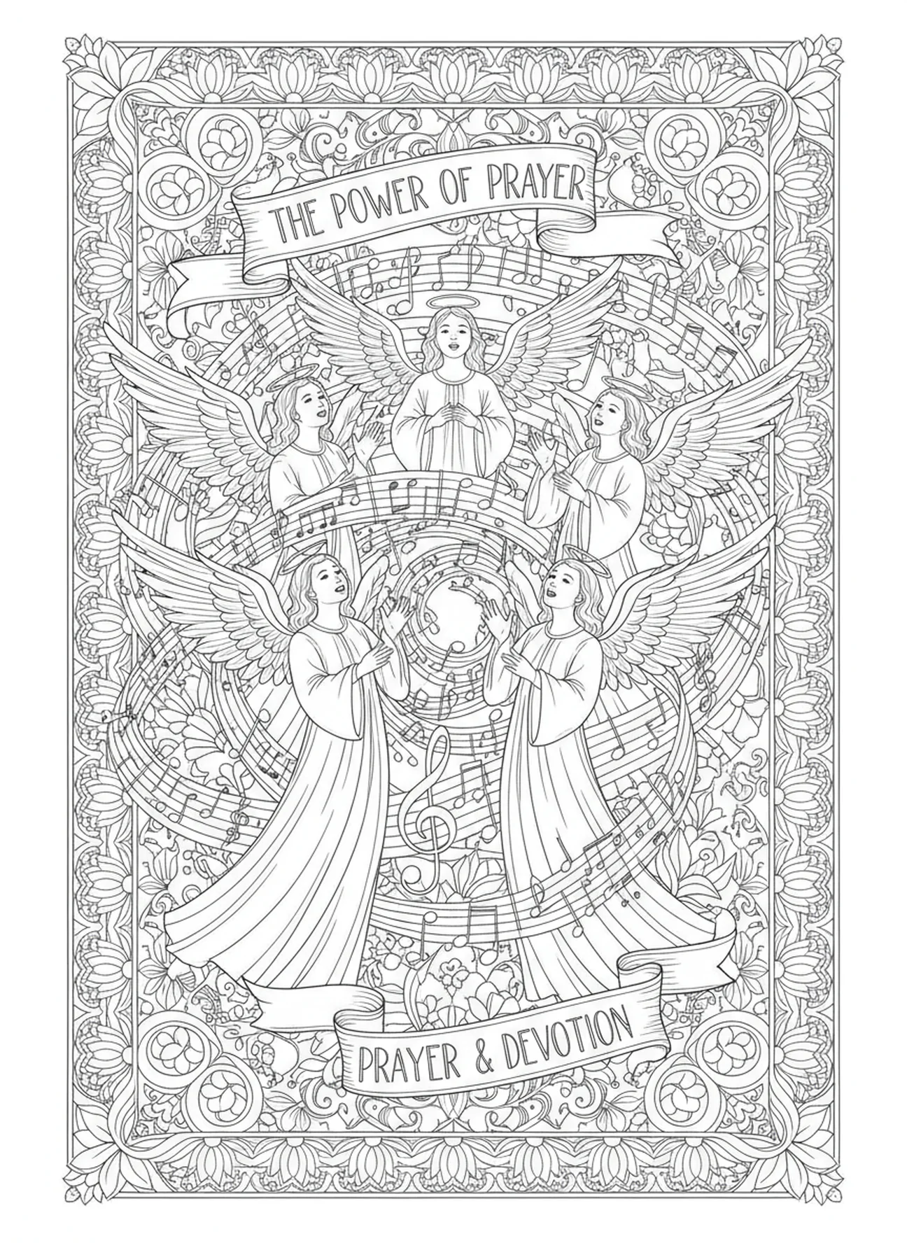 Ángeles cantando en coro, página para colorear de la oración del Ave María estilo journaling bíblico para adultos