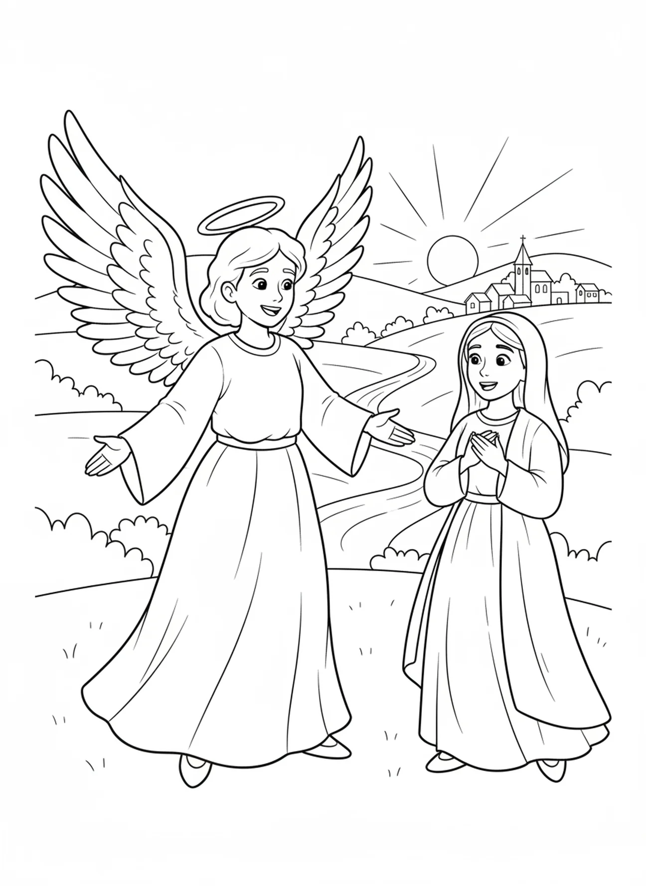 Anjo cumprimentando Maria, página de colorir da oração Ave Maria para crianças de 5 a 10 anos