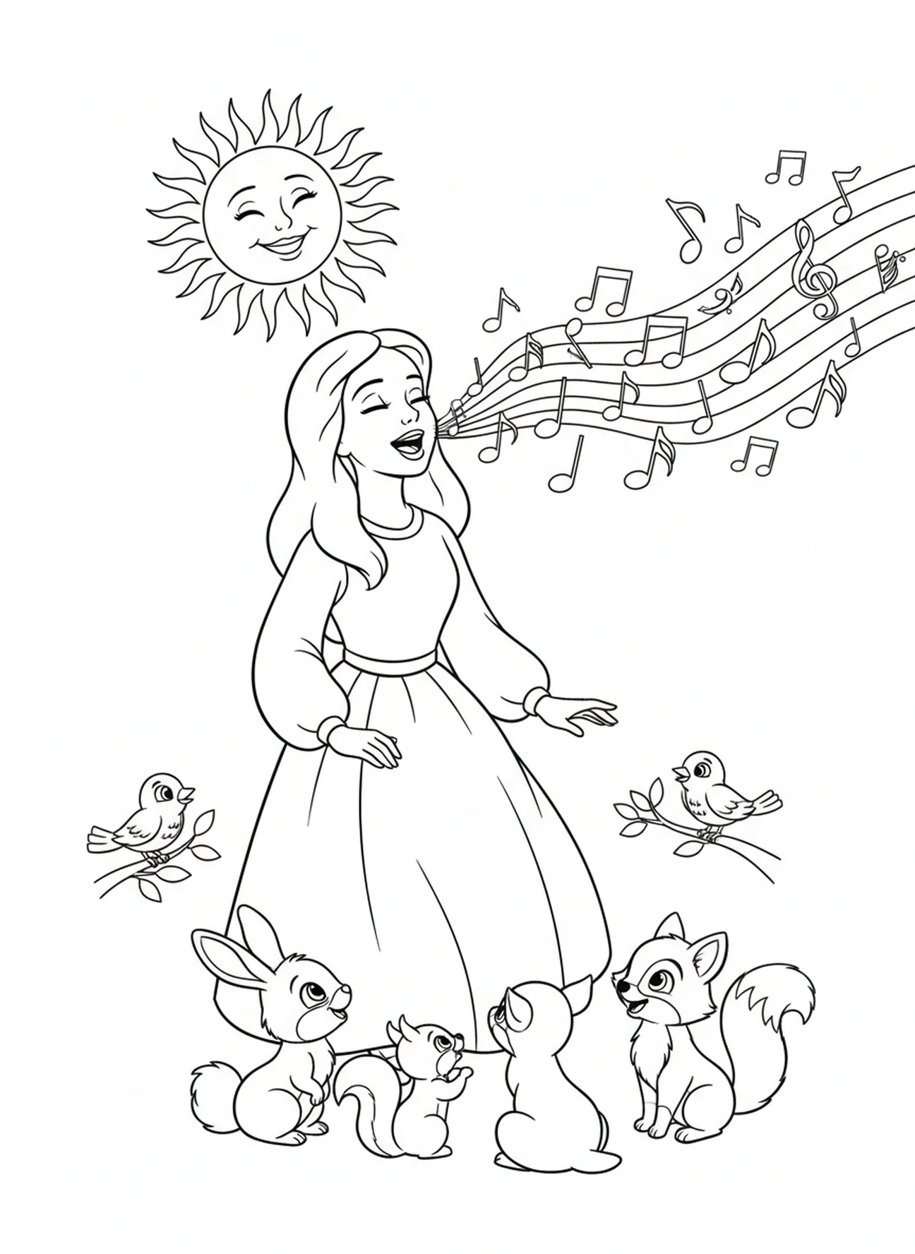 Maria cantando hino, página para colorir da Oração da Ave Maria para crianças de 5 a 10 anos