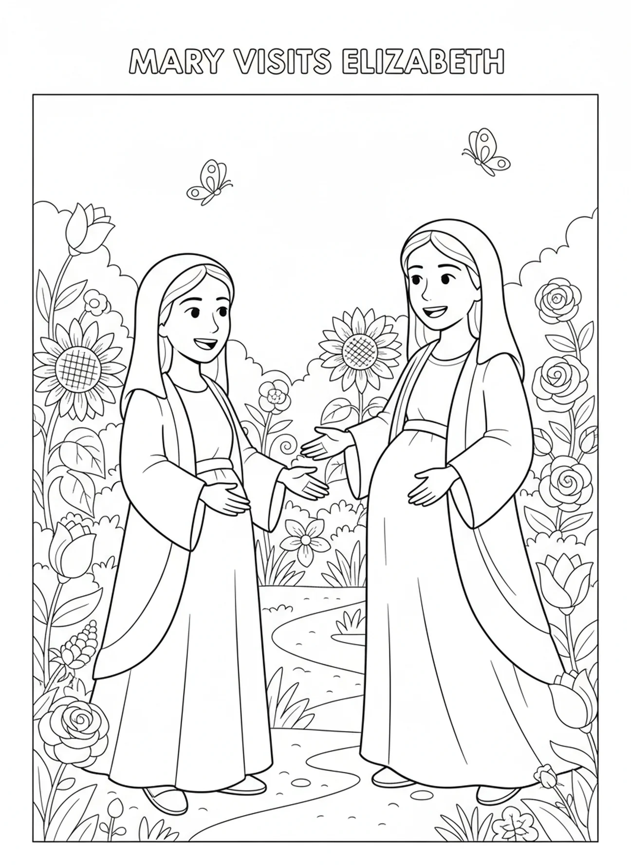 Maria visitando Isabel, página de colorir da oração Ave Maria para crianças de 5 a 10 anos