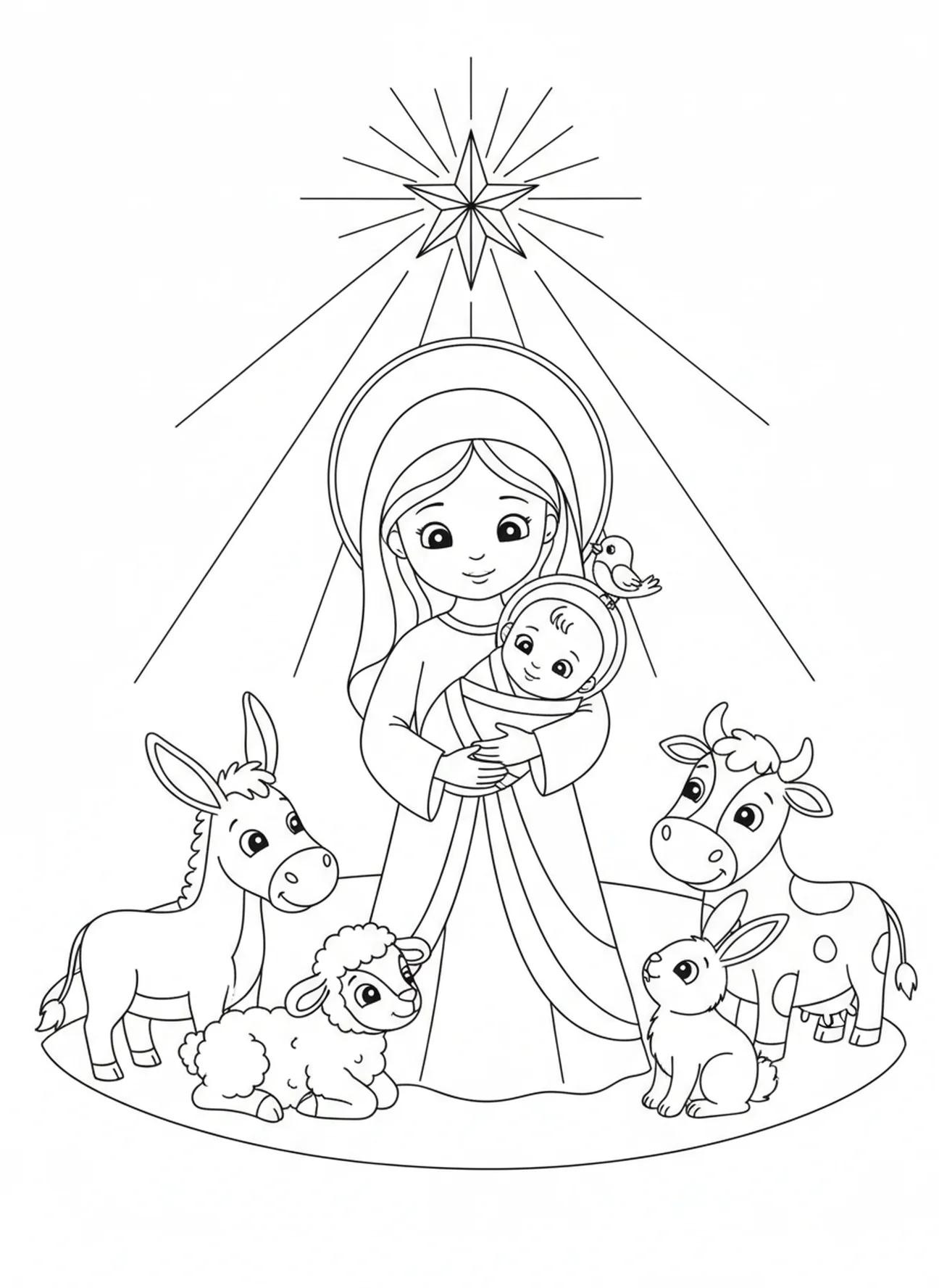 Maria segurando o bebê Jesus, página de colorir da oração Ave Maria para crianças de 5 a 10 anos