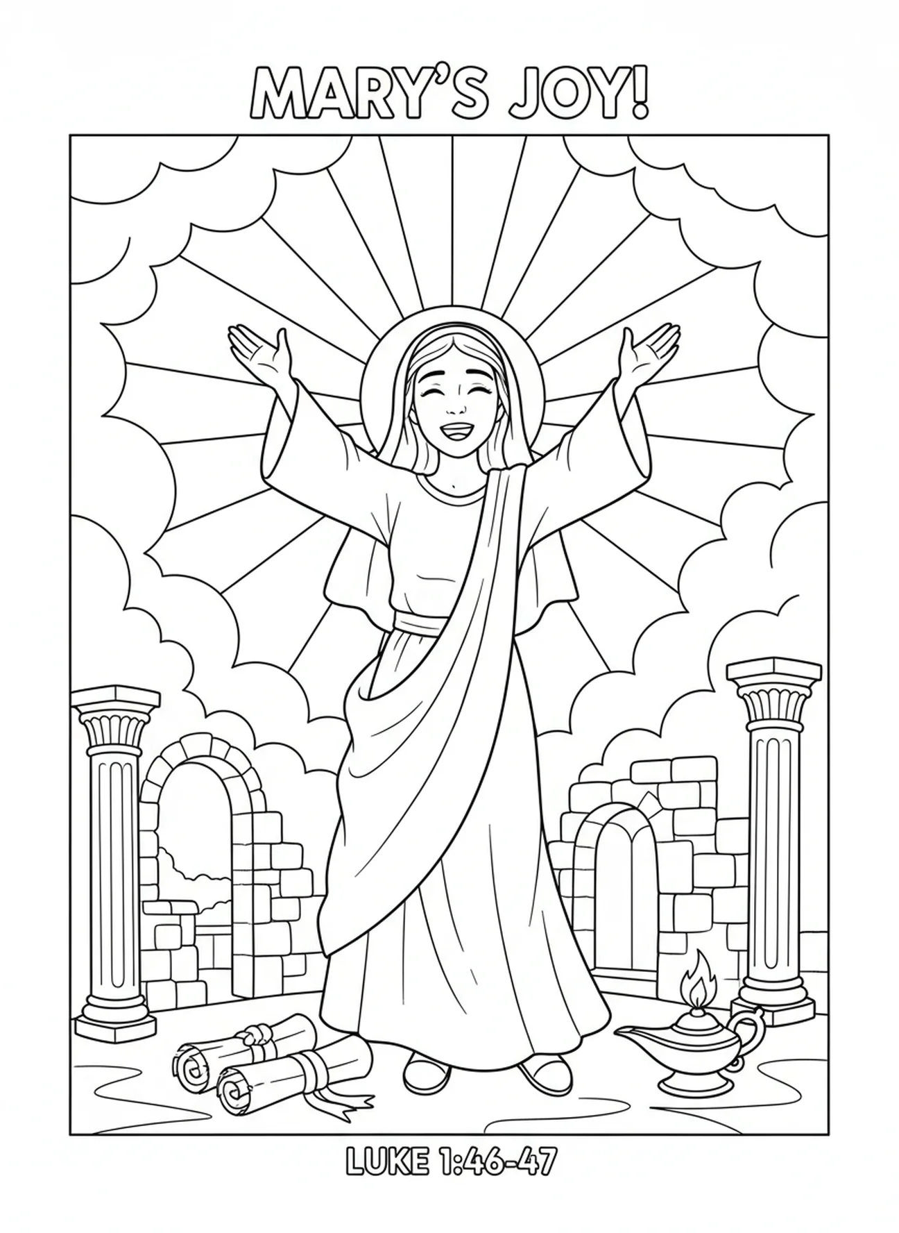 Maria alegre, página para colorir da Oração da Ave Maria para crianças da Escola Dominical de 5 a 12 anos