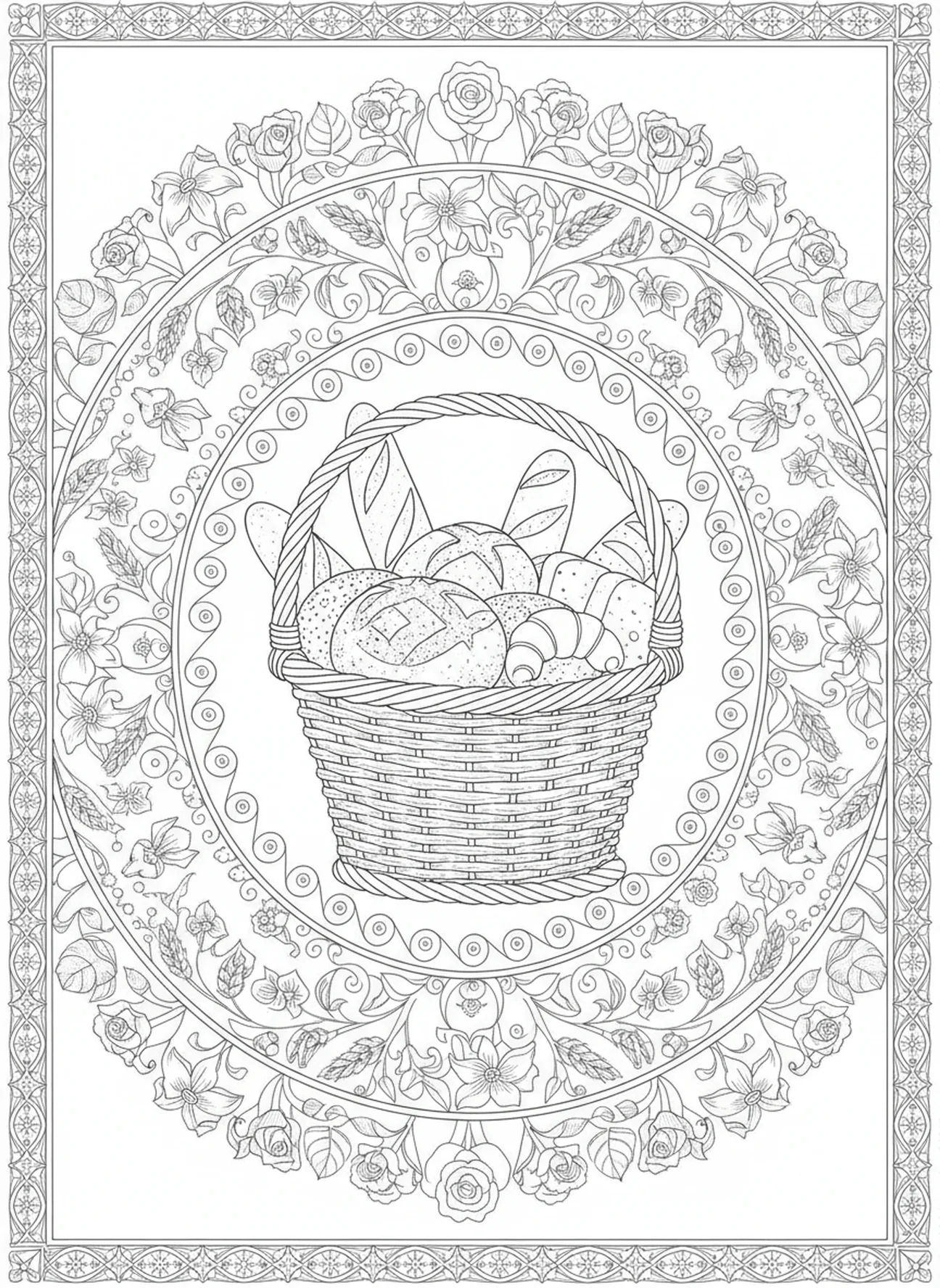 Cesta de pães ornamentada, página para colorir Oração do Senhor Pão Diário estilo para adultos