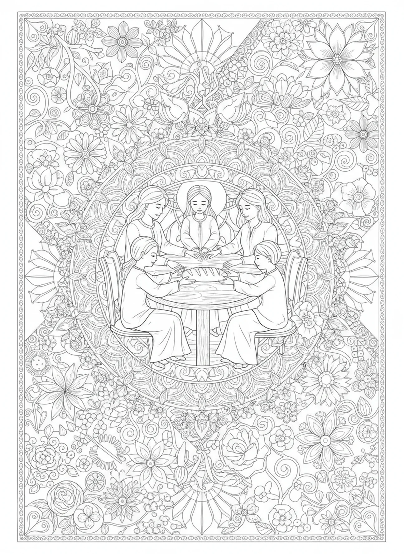 Família compartilhando pão, página para colorir do Pai Nosso sobre o Pão Diário no estilo de journaling bíblico para adultos