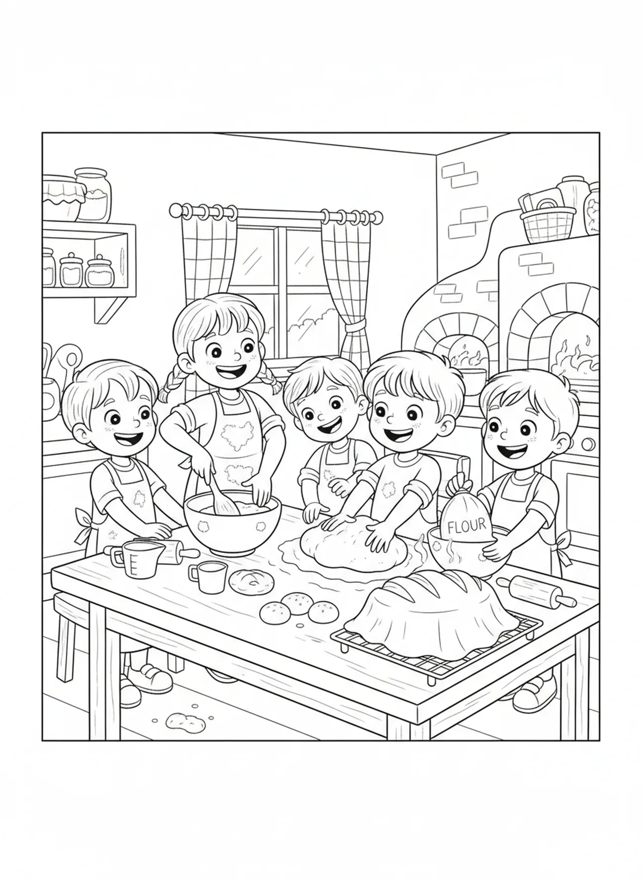 Kinder backen Brot, Ausmalbild zum Vaterunser über das tägliche Brot für Kinder im Alter von 5-10 Jahren.