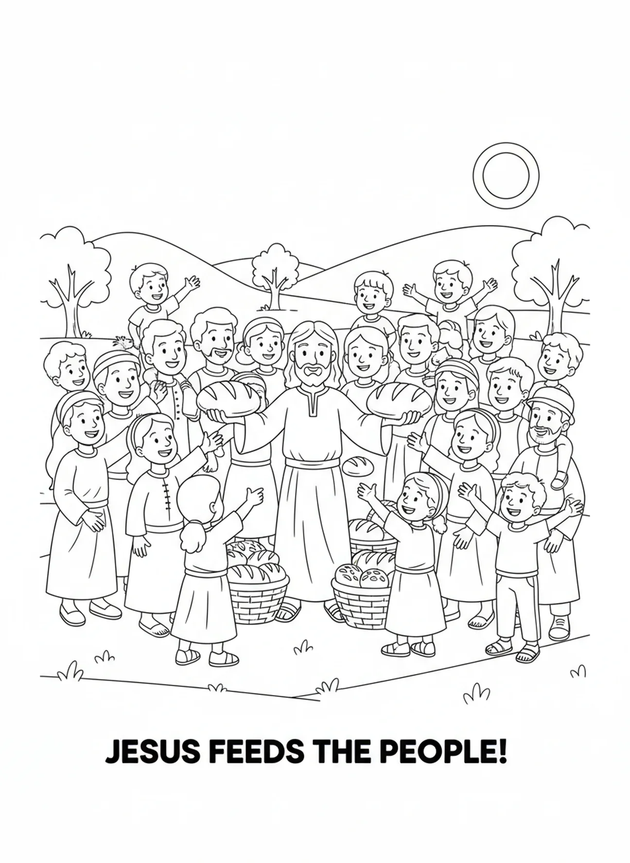Jesus teilt Brot, Ausmalbild zum Vaterunser tägliches Brot für Kinder im Alter von 5-10 Jahren.