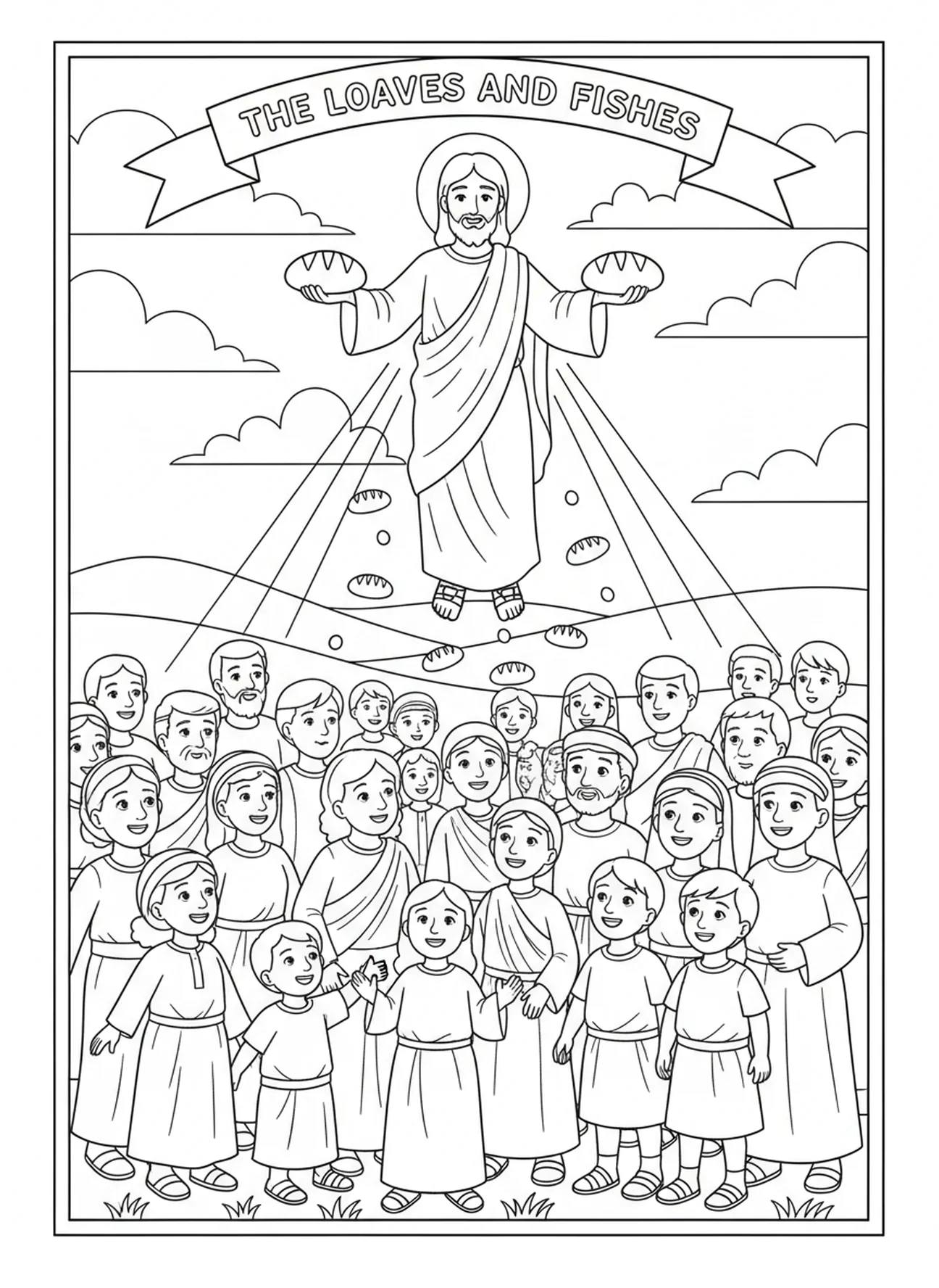 Menschenmenge von hungrigen Personen, Ausmalbild zum Vaterunser tägliches Brot für Kinder im Alter von 5-10 Jahren.
