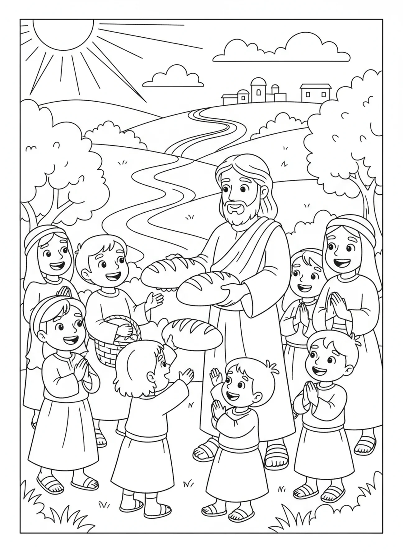 Dankbare Menschen, die Brot empfangen, Ausmalbild zum Vaterunser über das tägliche Brot für Kinder im Alter von 5-10 Jahren.