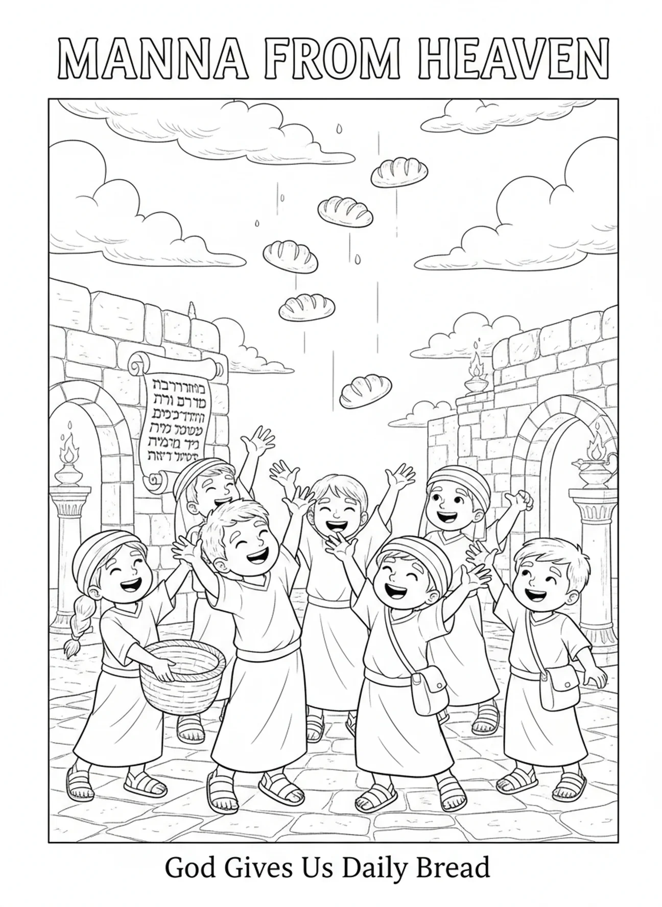 Niños alcanzando el pan del cielo, página para colorear del Padre Nuestro sobre el pan diario para niños de Escuela Dominical de 5 a 12 años.