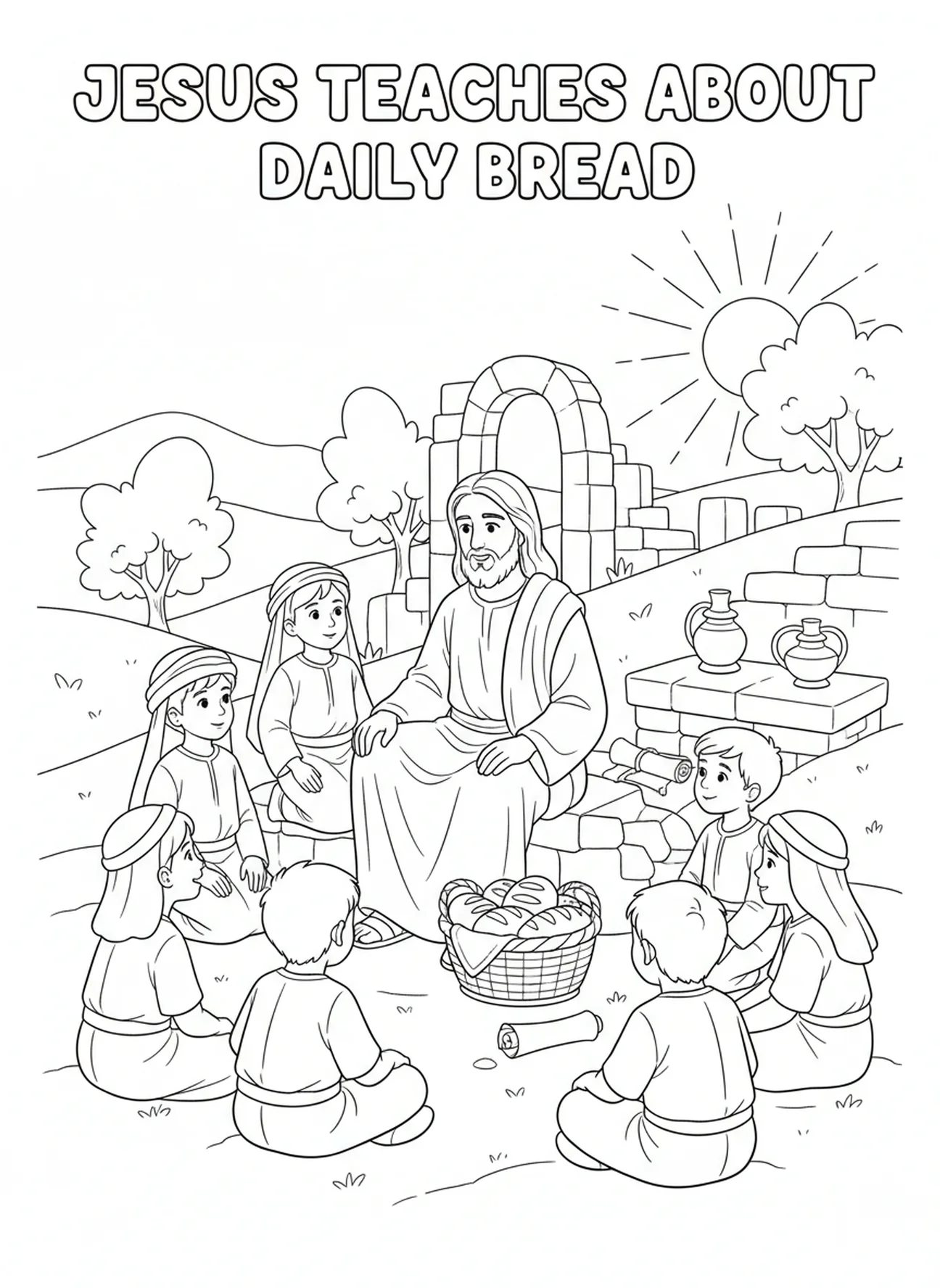 Jesús enseñando a los niños, página para colorear del Padre Nuestro y el Pan de Cada Día para niños de Escuela Dominical de 5 a 12 años.
