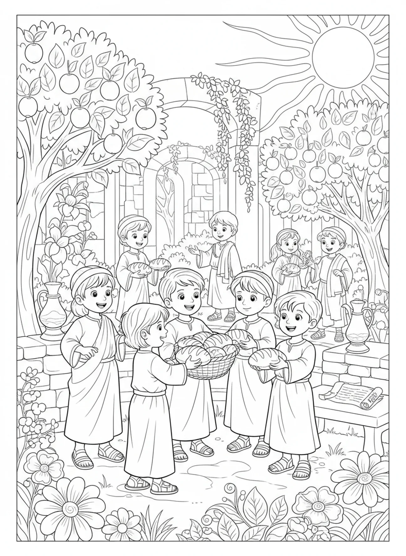 Niños compartiendo panes, página para colorear del Padre Nuestro sobre el Pan Diario para niños de Escuela Dominical de 5 a 12 años.