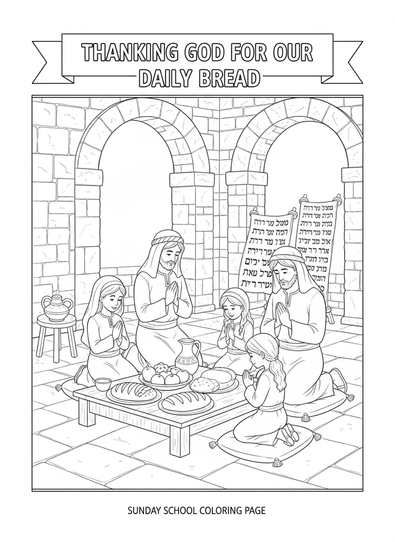 Familia orando en la mesa, página para colorear del Padre Nuestro y el Pan Diario para niños de la Escuela Dominical de 5 a 12 años.