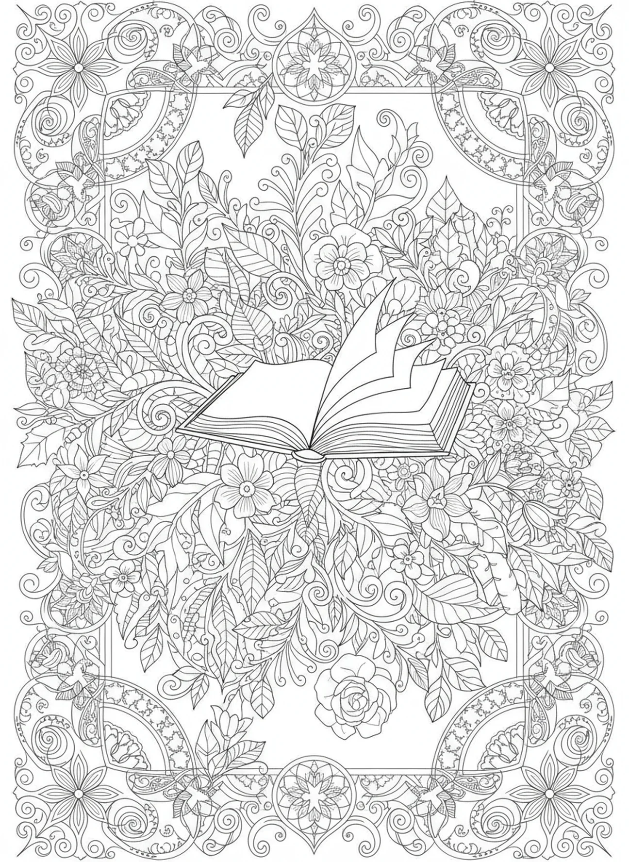 Libro abierto con páginas que giran, página para colorear del Padre Nuestro Perdona Deudas en estilo de journaling bíblico para adultos.