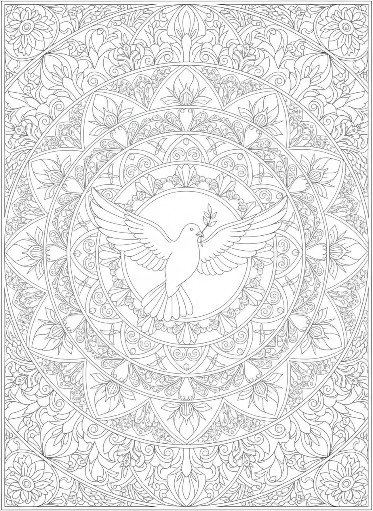Paloma con rama de olivo, página para colorear del Padre Nuestro Perdonar Deudas estilo de journaling bíblico para adultos.