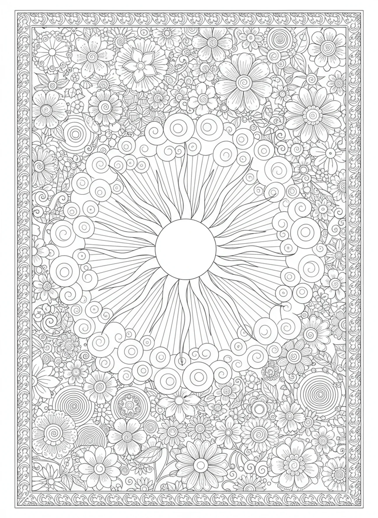 Sol radiante con rayos, página para colorear del Padre Nuestro Perdonar Deudas estilo de journaling bíblico para adultos.