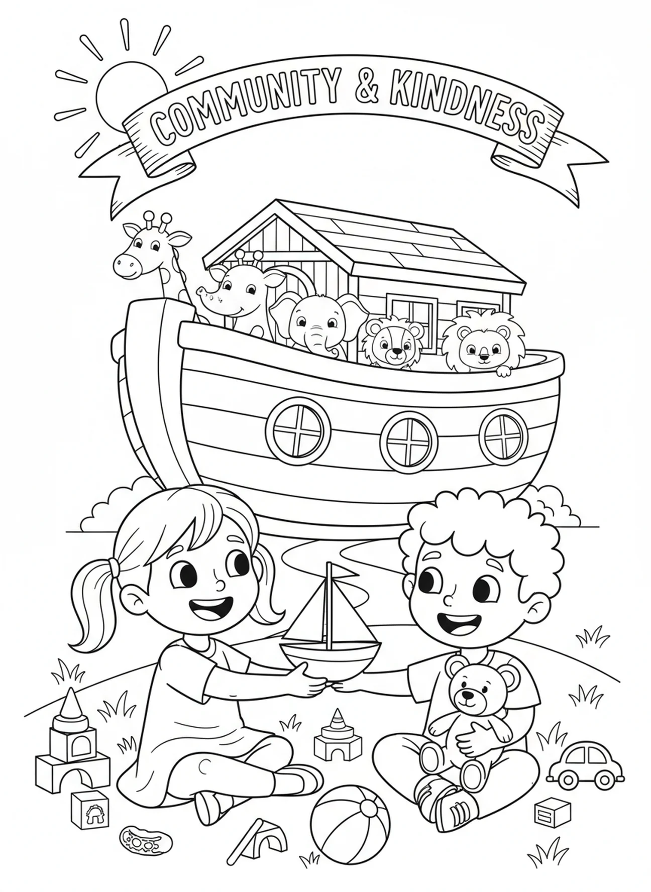 Criança compartilhando brinquedos, página para colorir Oração do Senhor Perdoar Dívidas para crianças de 5 a 10 anos