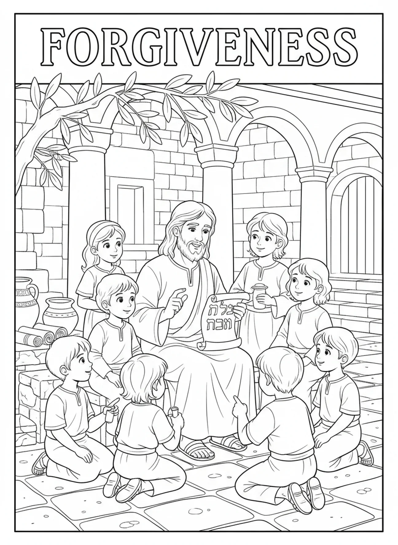 Grupo de niños escuchando, página para colorear del Padre Nuestro Perdona Deudas para niños de Escuela Dominical de 5 a 12 años