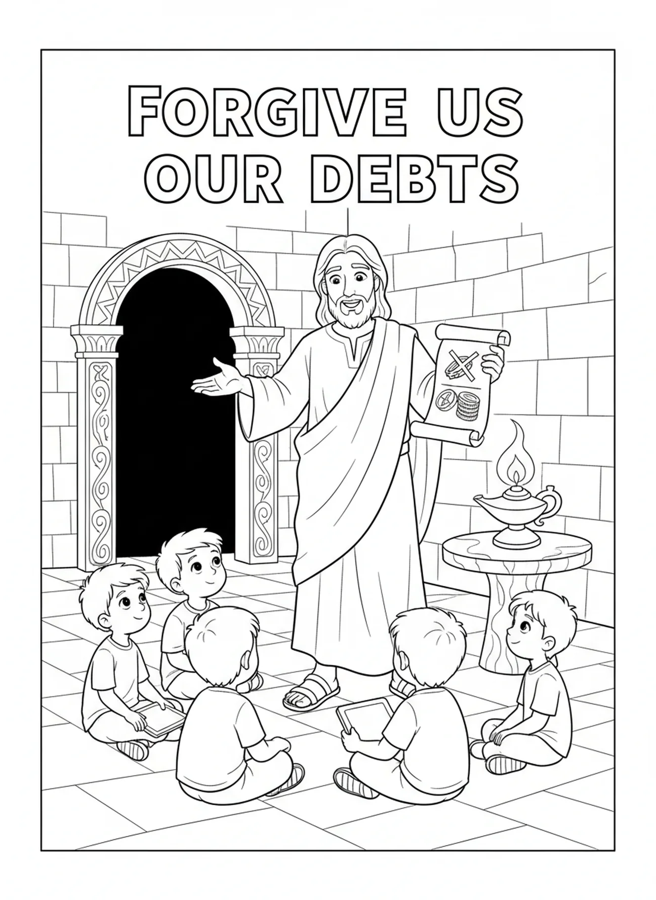 Jesús ilustrando el perdón, página para colorear del Padre Nuestro Perdona Deudas para niños de Escuela Dominical de 5 a 12 años