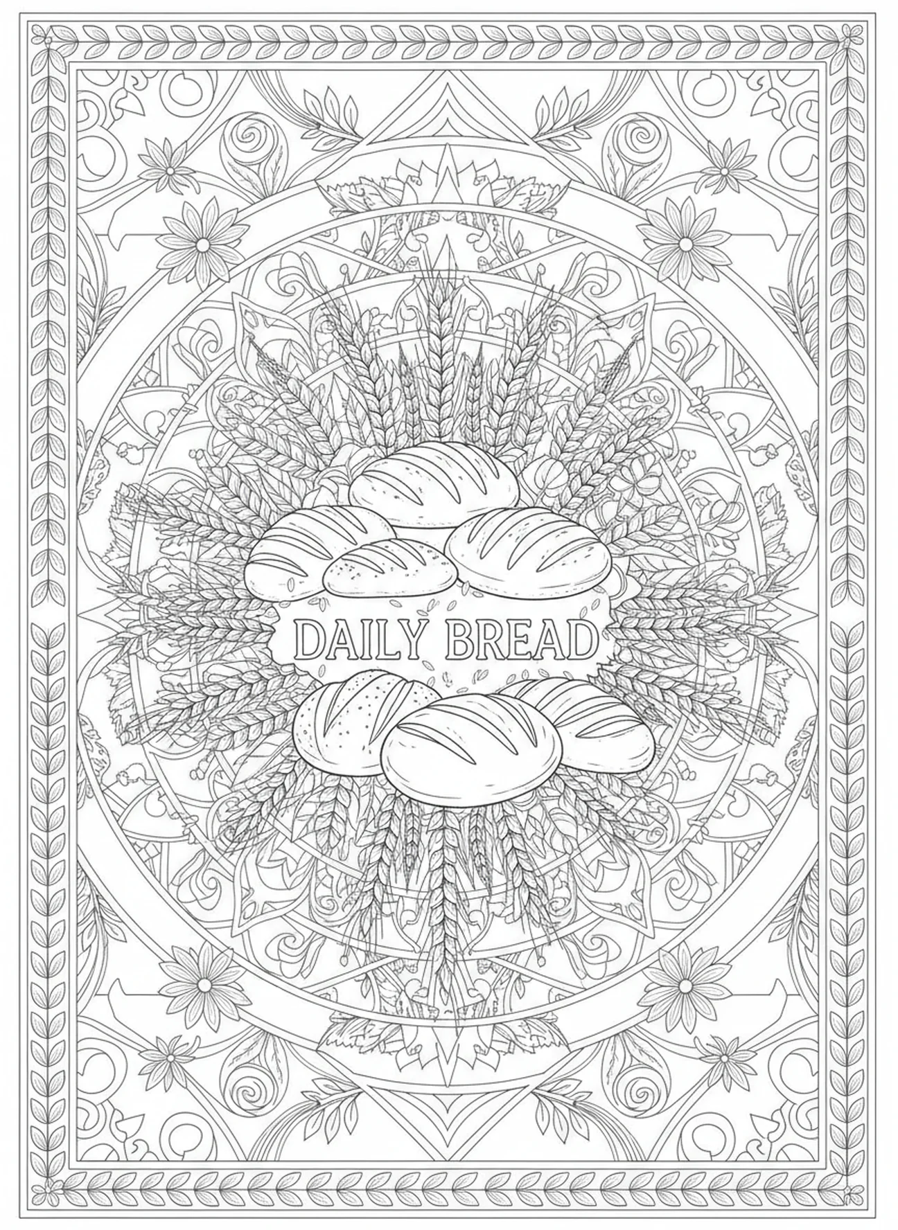 Representação do pão diário, página para colorir do Pai Nosso Hallowed para adultos no estilo de journaling bíblico