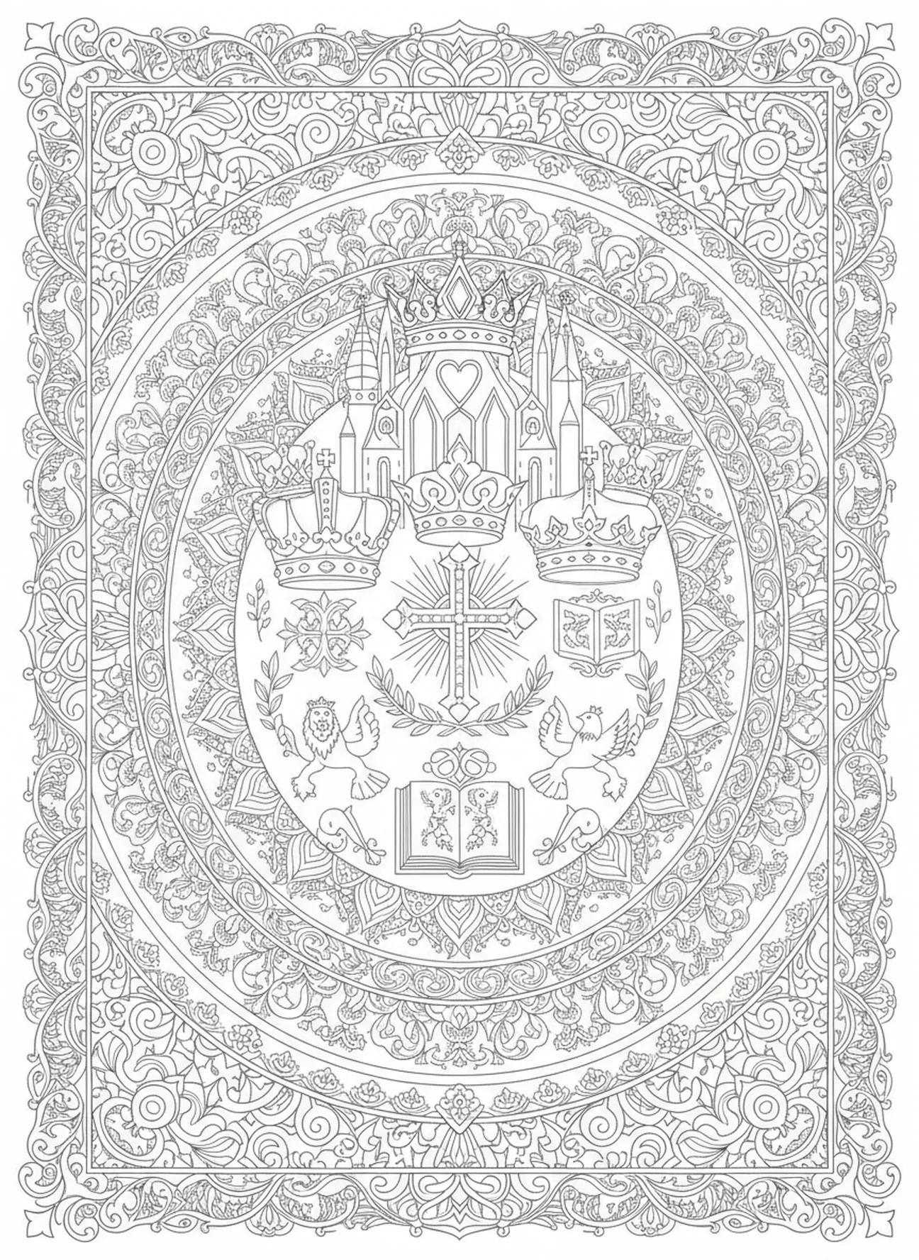 Representação majestosa do reino, página para colorir do Pai Nosso para adultos no estilo de journaling bíblico