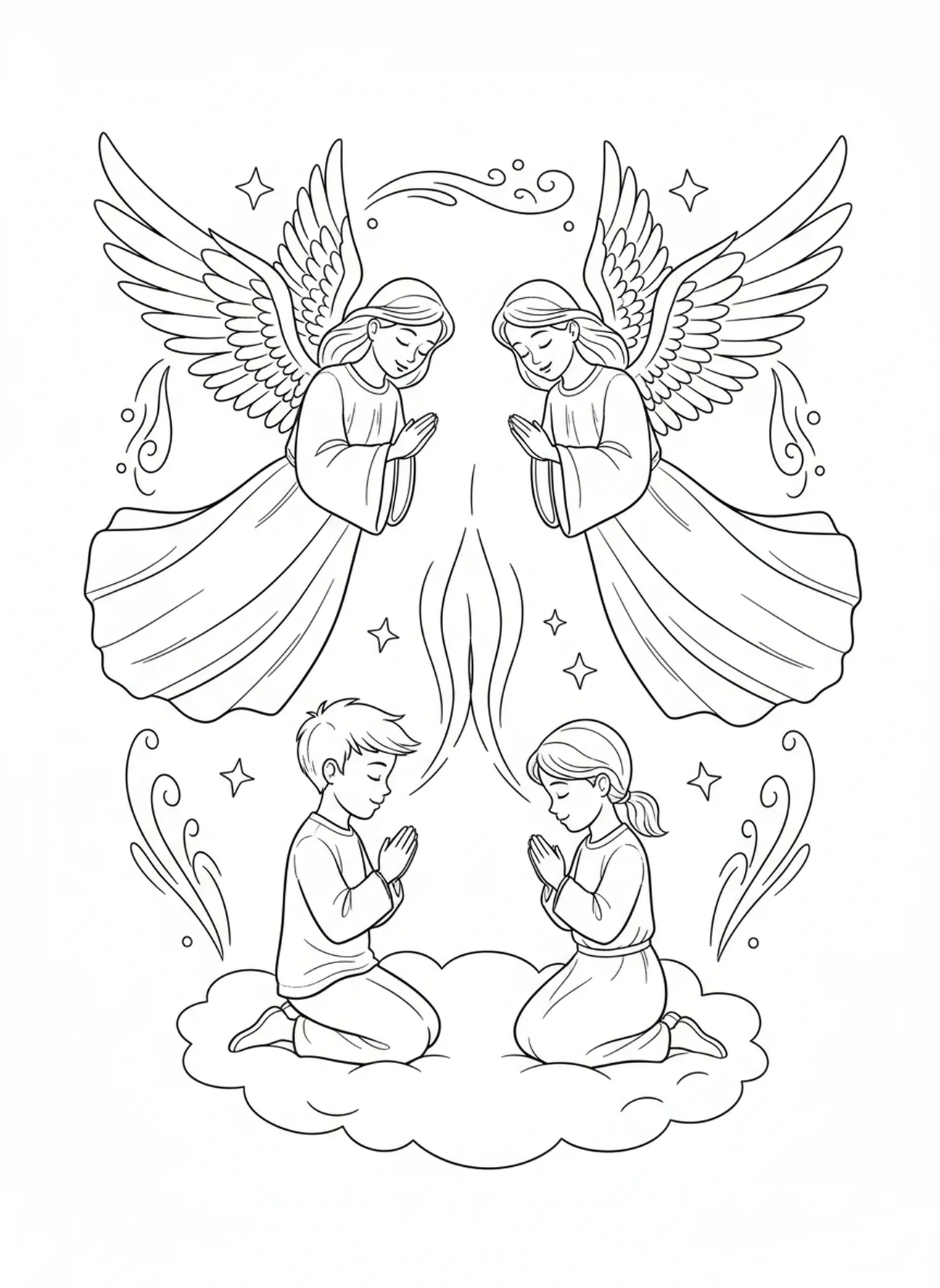 Des anges écoutant les prières des enfants, page à colorier sur le Notre Père pour les enfants de 5 à 10 ans