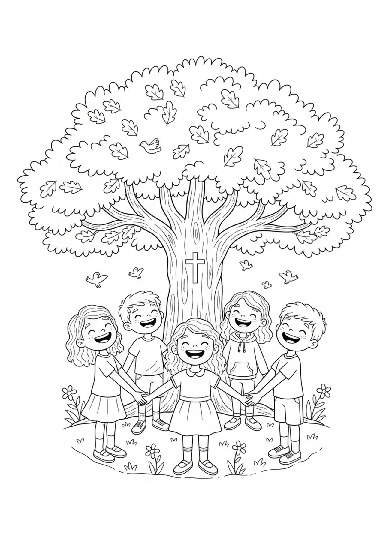 Groupe d'enfants priant ensemble, page à colorier Pater Noster pour les enfants de 5 à 10 ans