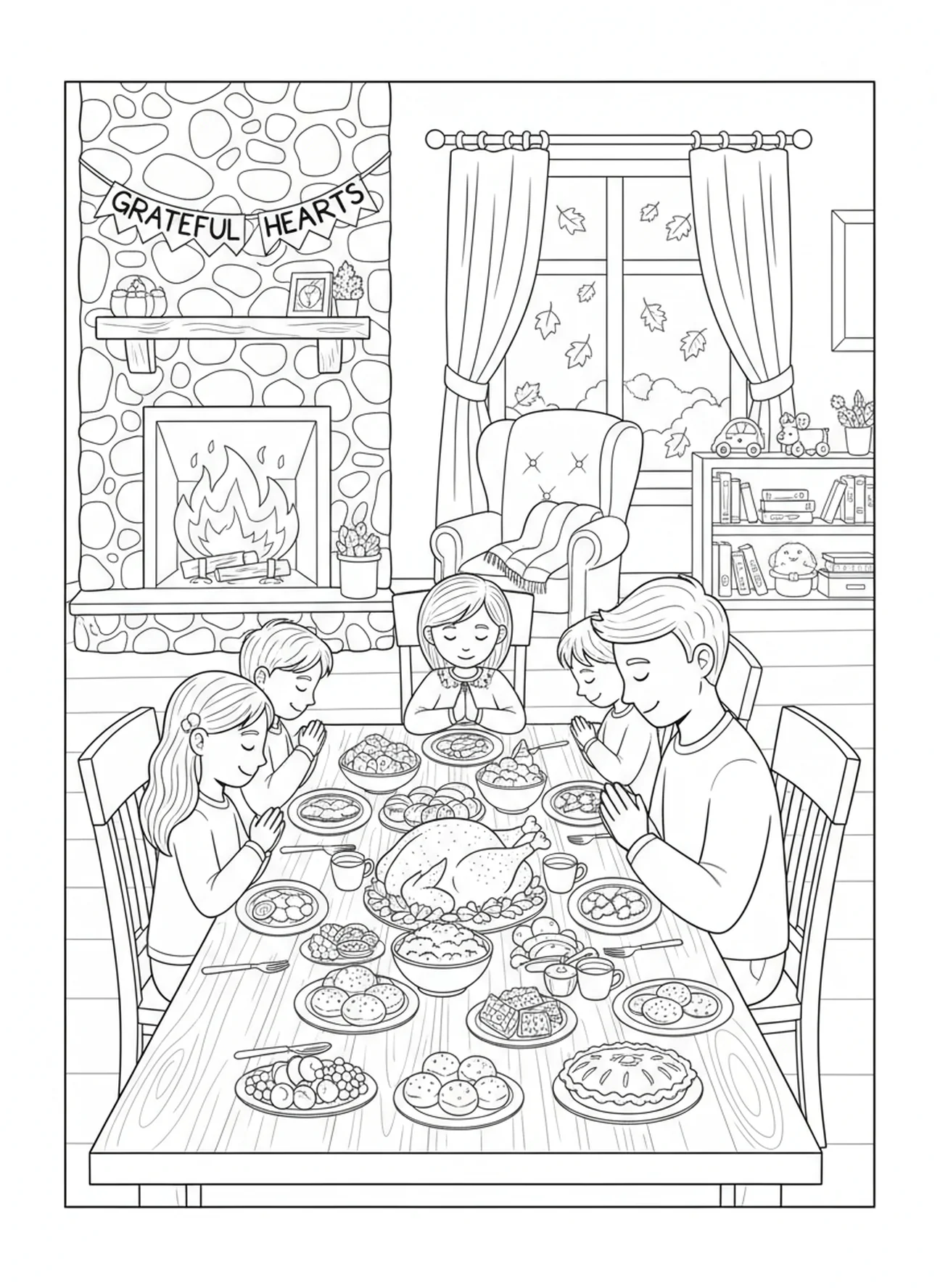 Famille remerciant lors du dîner, page à colorier de la Prière du Seigneur pour les enfants de 5 à 10 ans