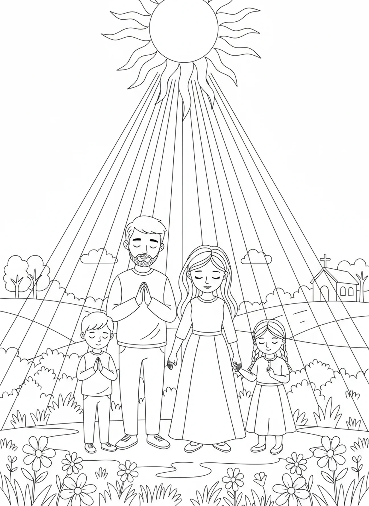 Famille réunie en prière, page à colorier Notre Père pour les enfants de 5 à 10 ans