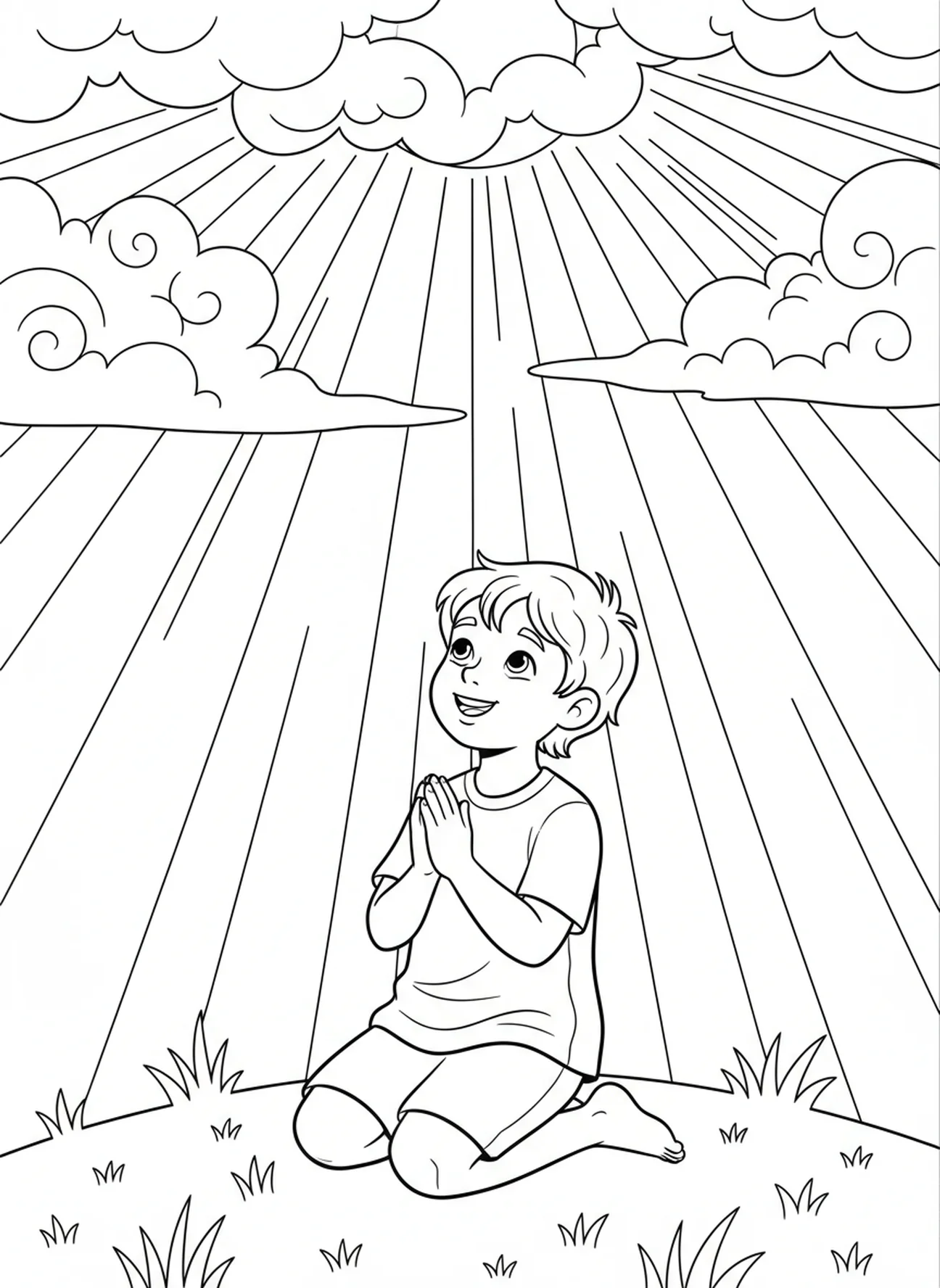 Enfant priant les mains jointes, page à colorier Pater Noster pour les enfants de 5 à 10 ans