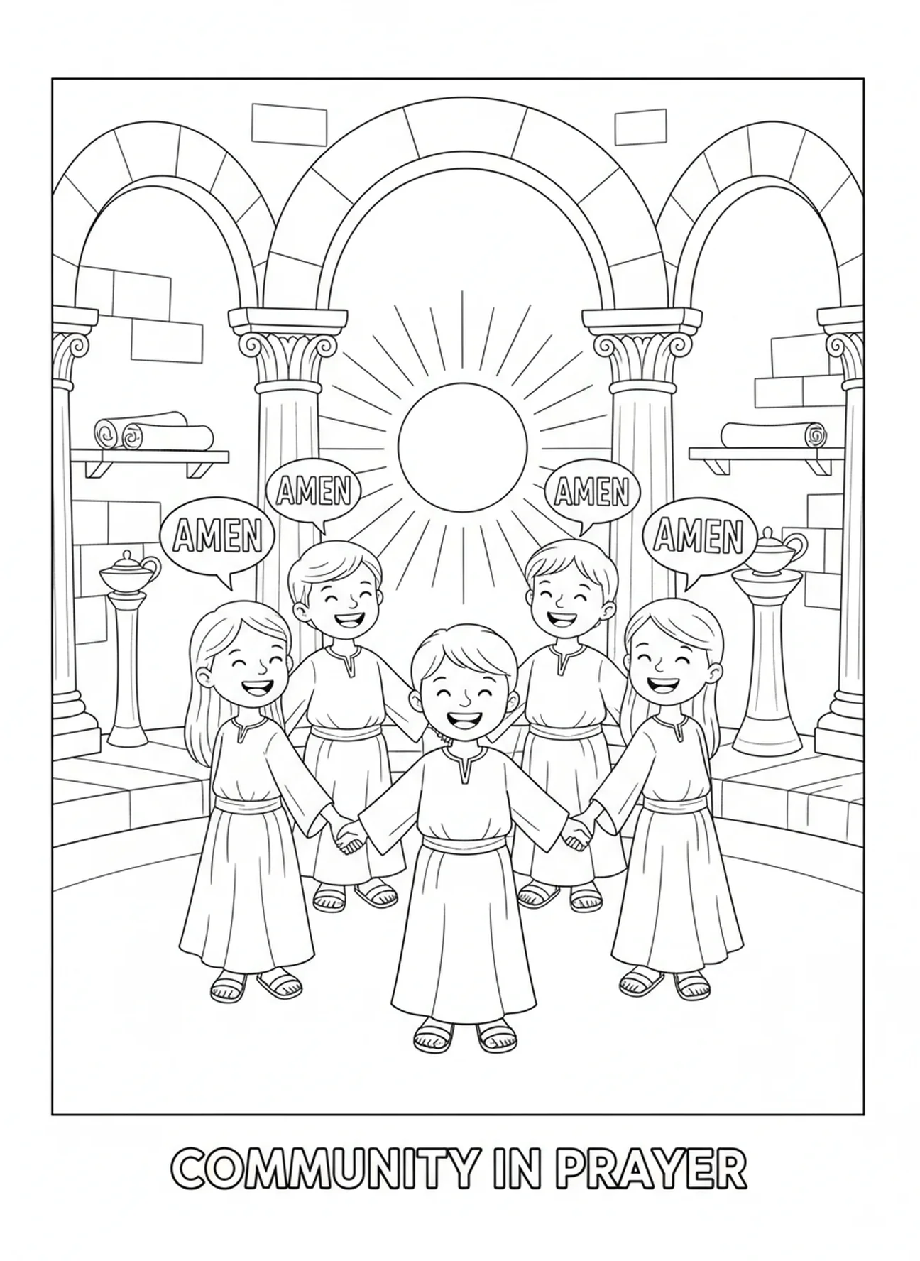 Crianças em círculo de oração, página para colorir do Pai Nosso para crianças da Escola Dominical de 5 a 12 anos.