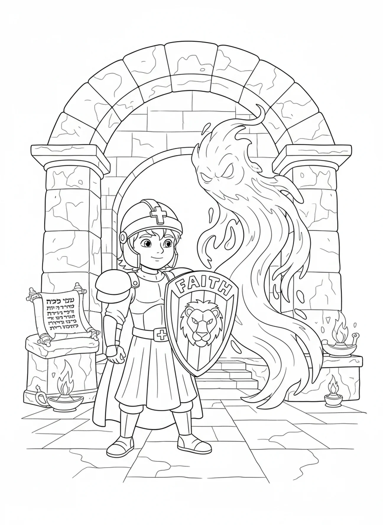 Criança com escudo, página para colorir do Pai Nosso Santificado para crianças da Escola Dominical de 5 a 12 anos.