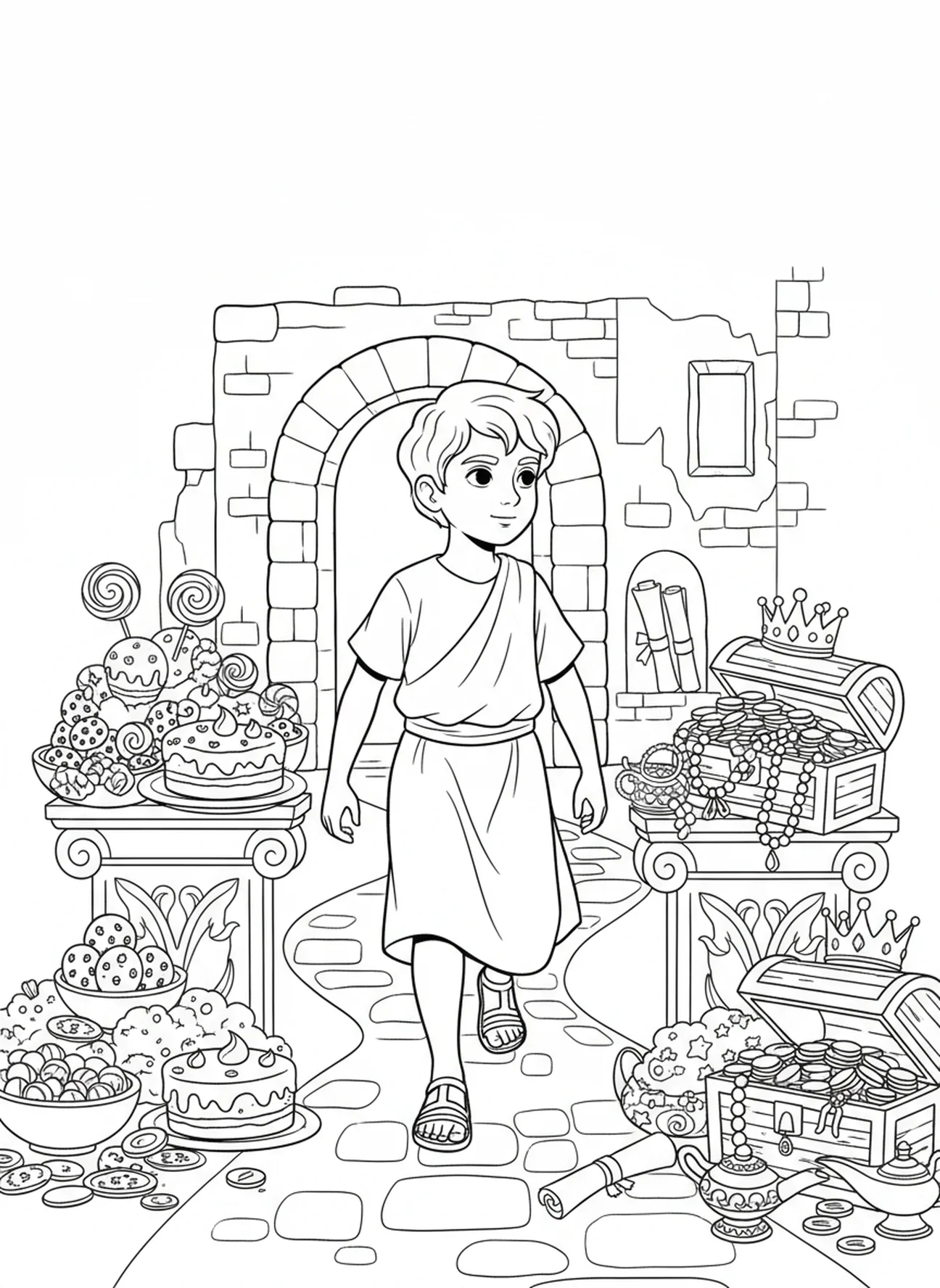 Criança no caminho estreito, página de colorir do Pai Nosso Santificado para crianças da Escola Dominical de 5 a 12 anos.
