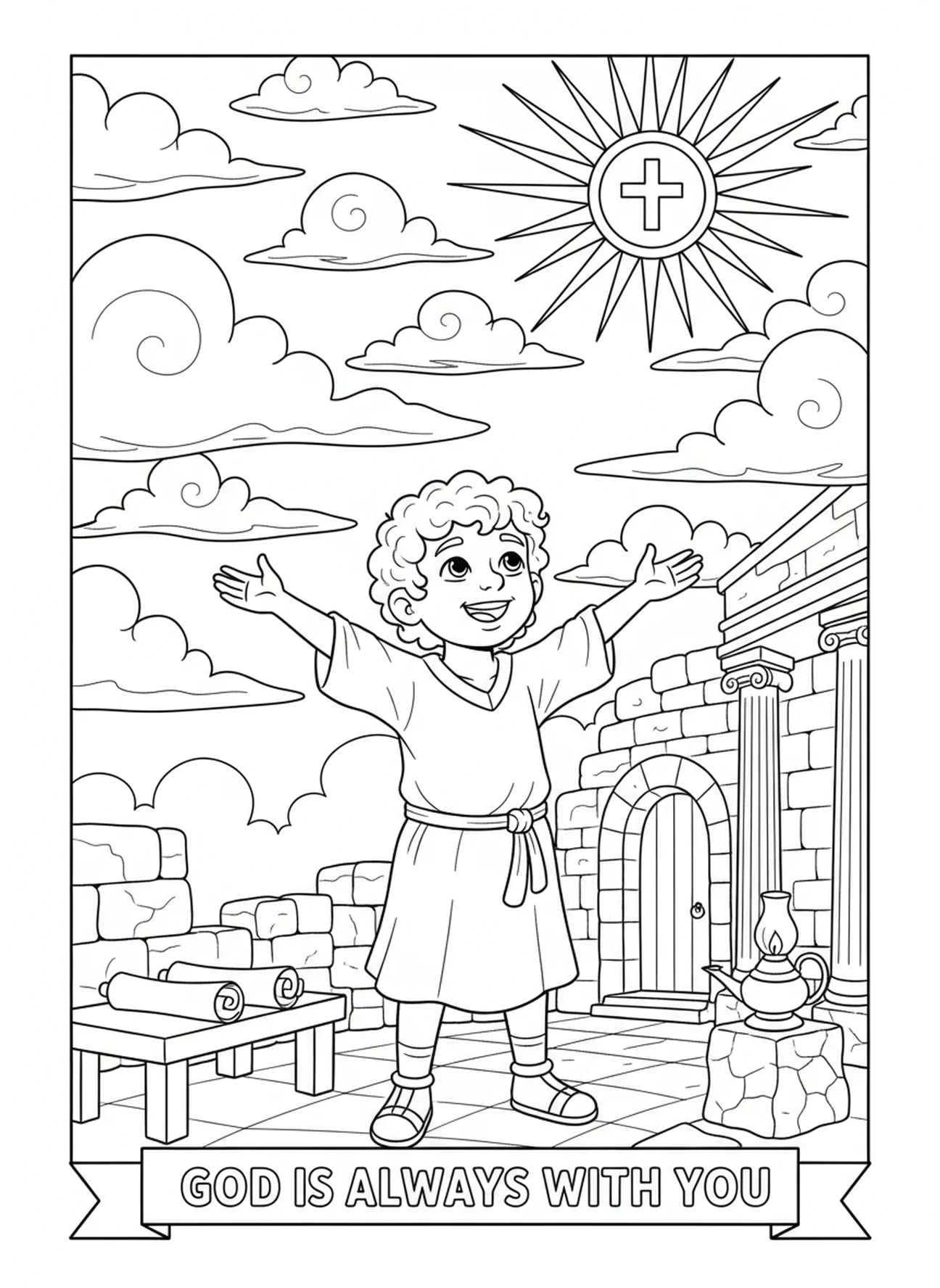 Criança olhando para o céu, página de colorir do Pai Nosso para crianças da Escola Dominical de 5 a 12 anos.