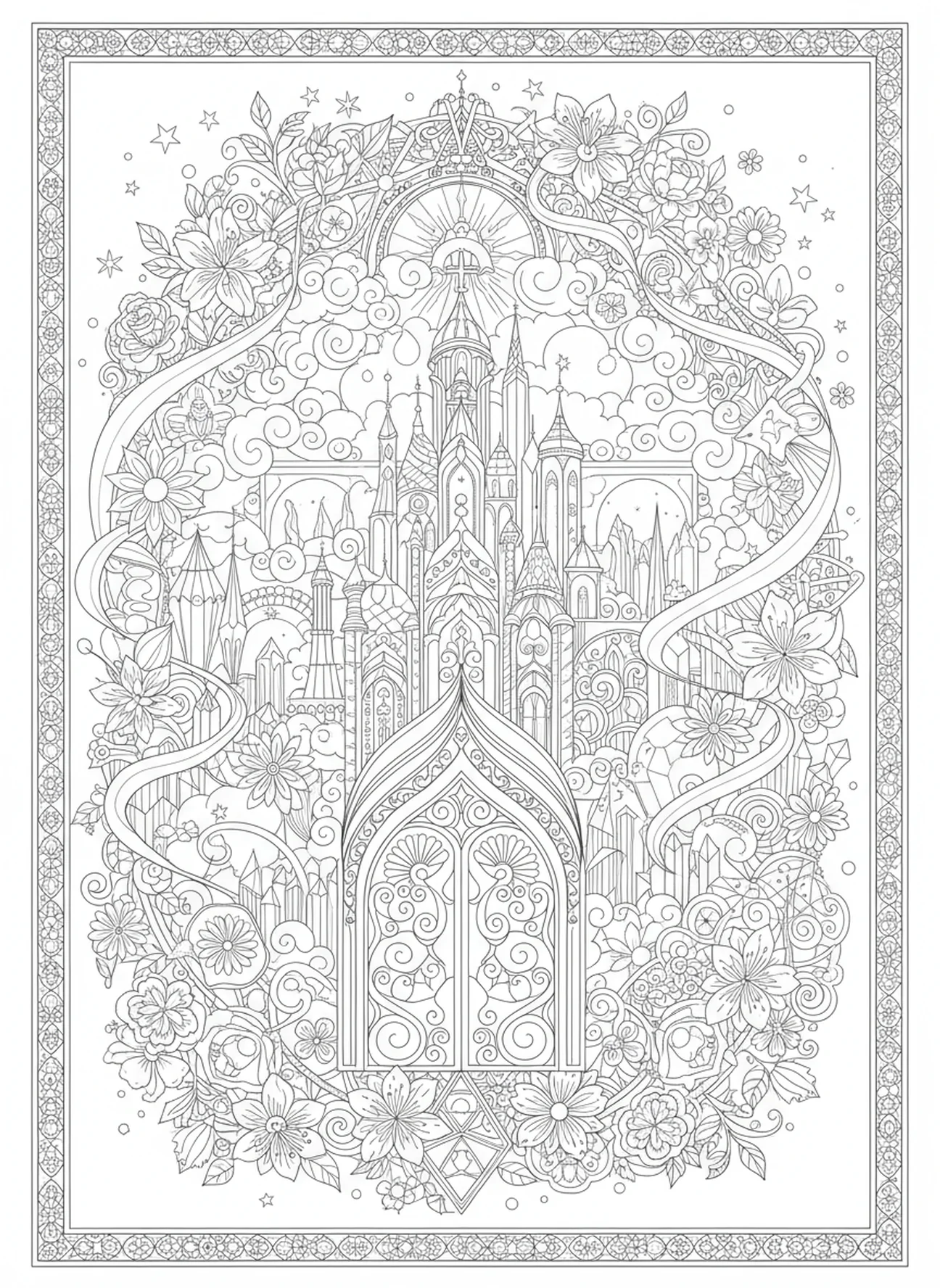 Cenário celestial majestoso, página para colorir do Pai Nosso, venha o Teu Reino, estilo de journaling bíblico para adultos