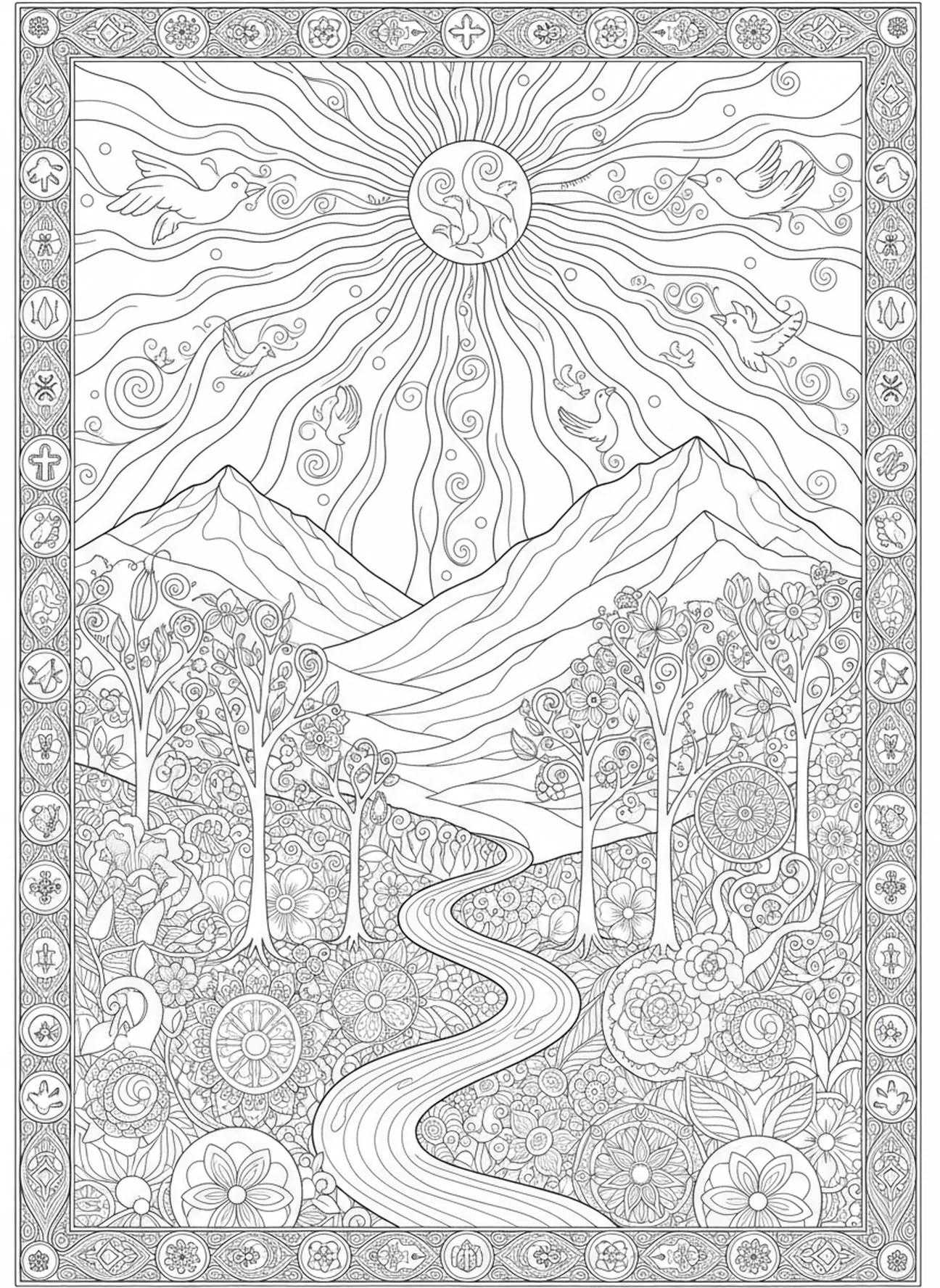 Paisagem montanhosa serena com sol, página de colorir do Pai Nosso Venha o Teu Reino para adultos no estilo de journaling bíblico