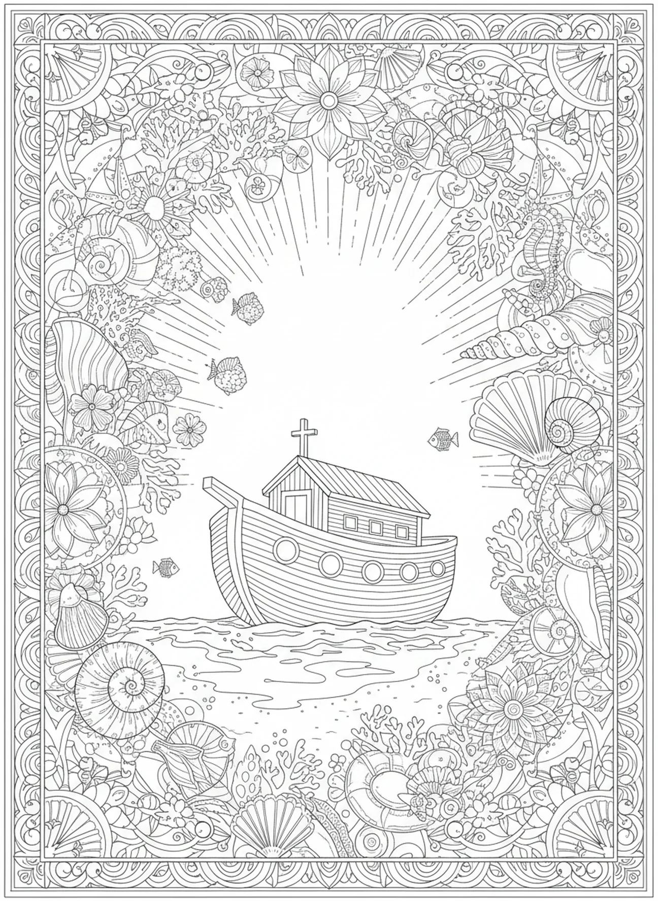 Ondas suaves com a arca ao fundo, página de colorir do Pai Nosso Venha o Teu Reino para adultos no estilo de journaling bíblico