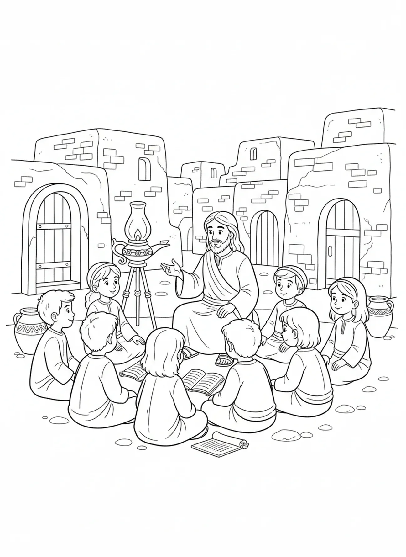 Disciples écoutant Jésus, page à colorier sur la prière du Seigneur, que ton règne vienne, pour les enfants de catéchisme âgés de 5 à 12 ans