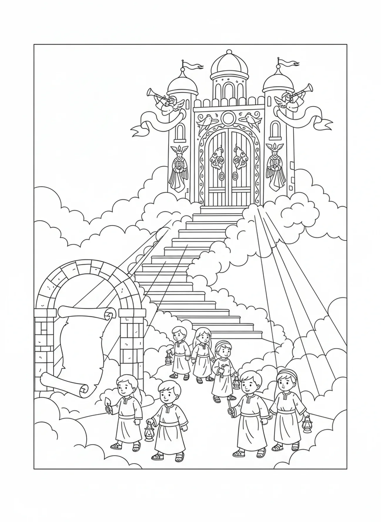 Scène du royaume céleste, page à colorier du Notre Père pour les enfants de l'École du dimanche âgés de 5 à 12 ans