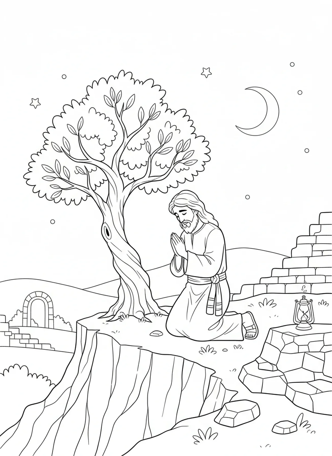 Jésus priant seul, page à colorier de la prière du Seigneur pour les enfants de l'École du dimanche âgés de 5 à 12 ans